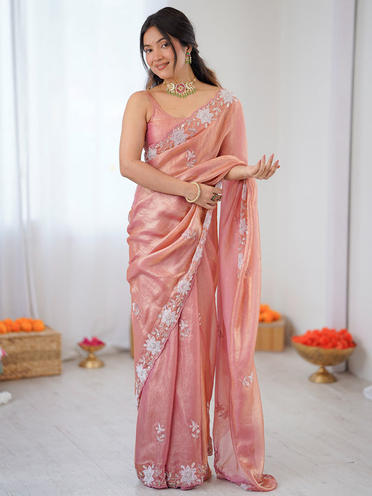 Women's Satin Peach Embellished Designer Saree With Blouse Piece