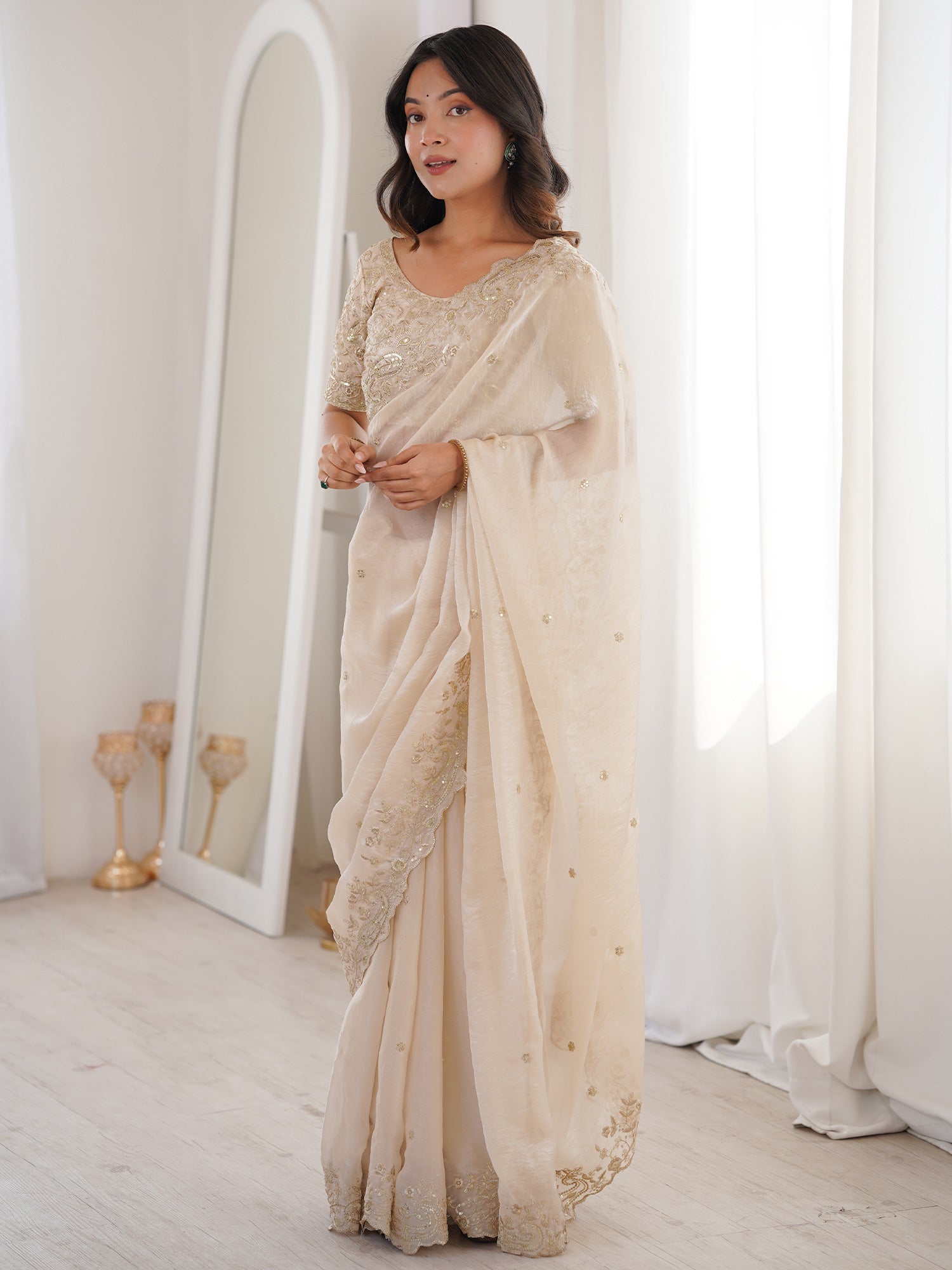 Women's Satin Off White Embellished Designer Saree With Blouse Piece