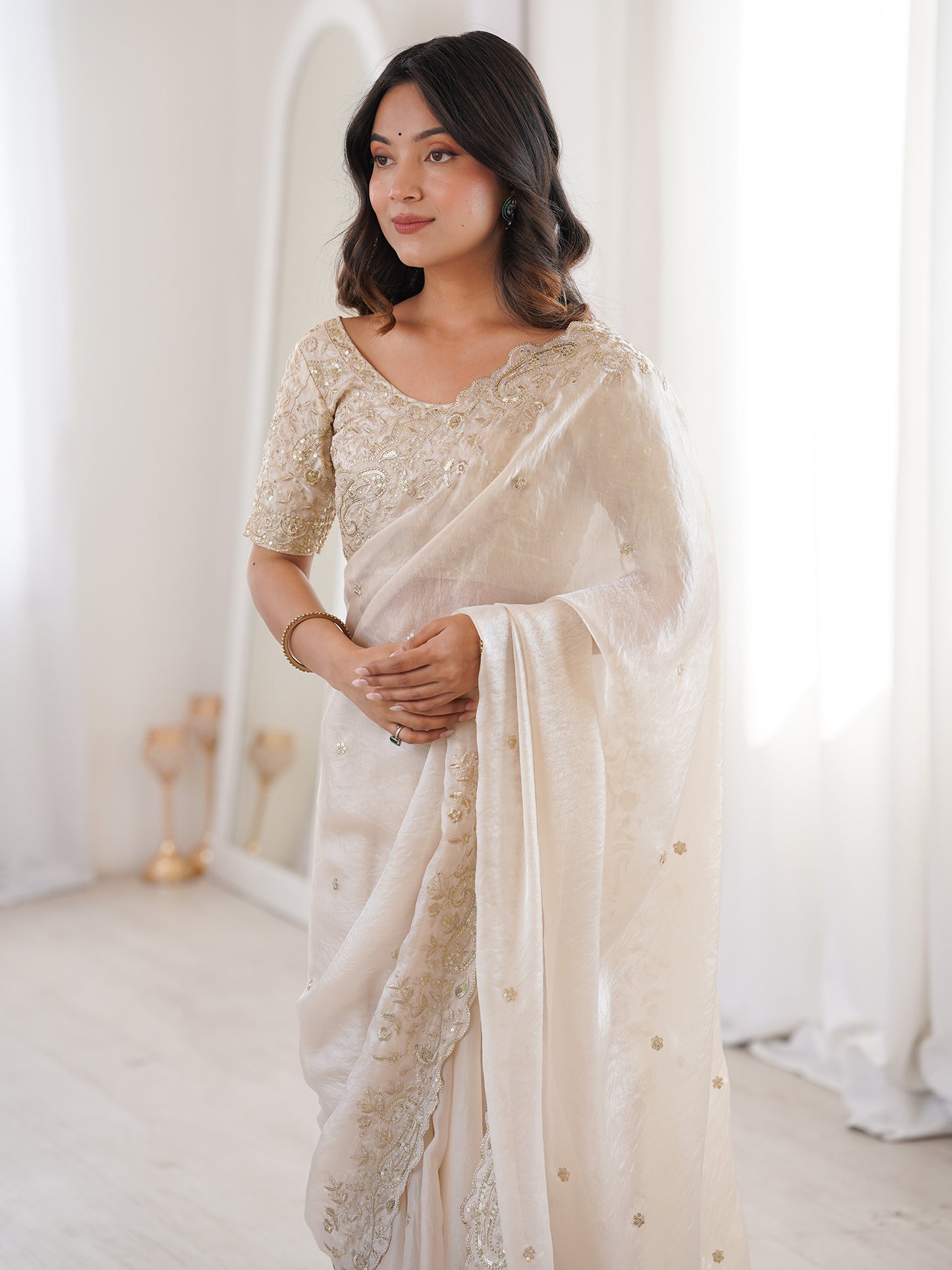 Women's Satin Off White Embellished Designer Saree With Blouse Piece