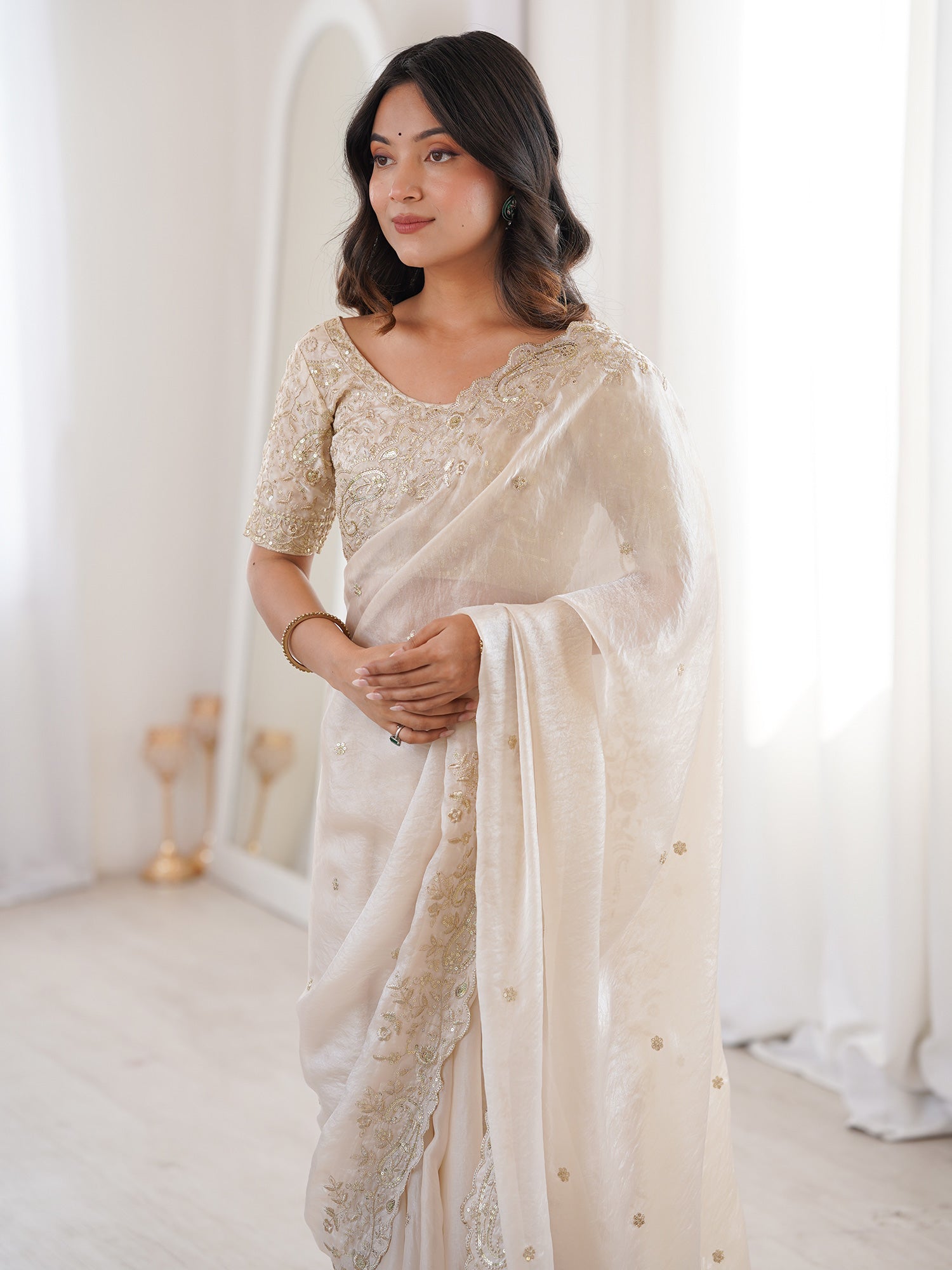 Women's Satin Off White Embellished Designer Saree With Blouse Piece