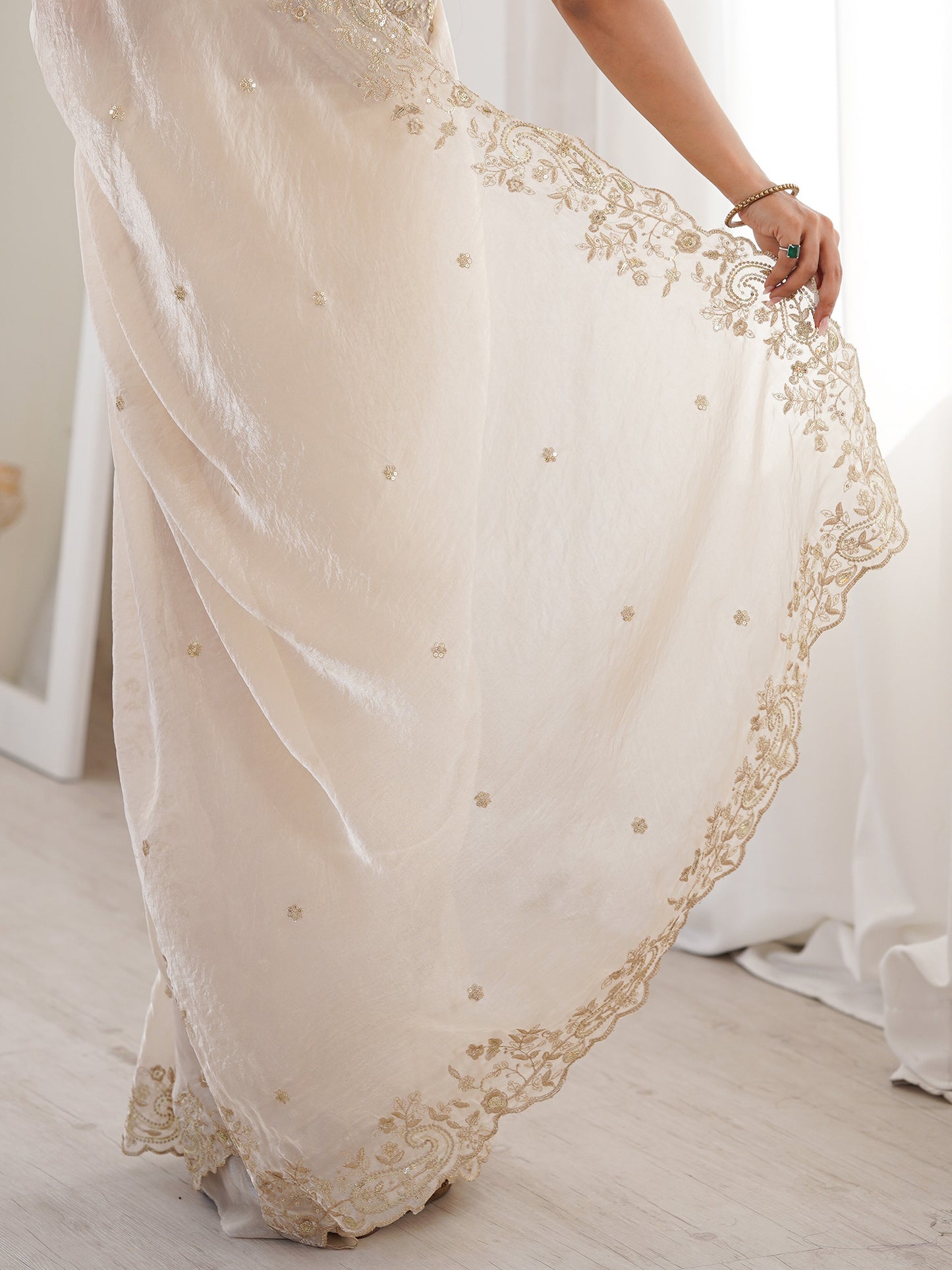 Women's Satin Off White Embellished Designer Saree With Blouse Piece
