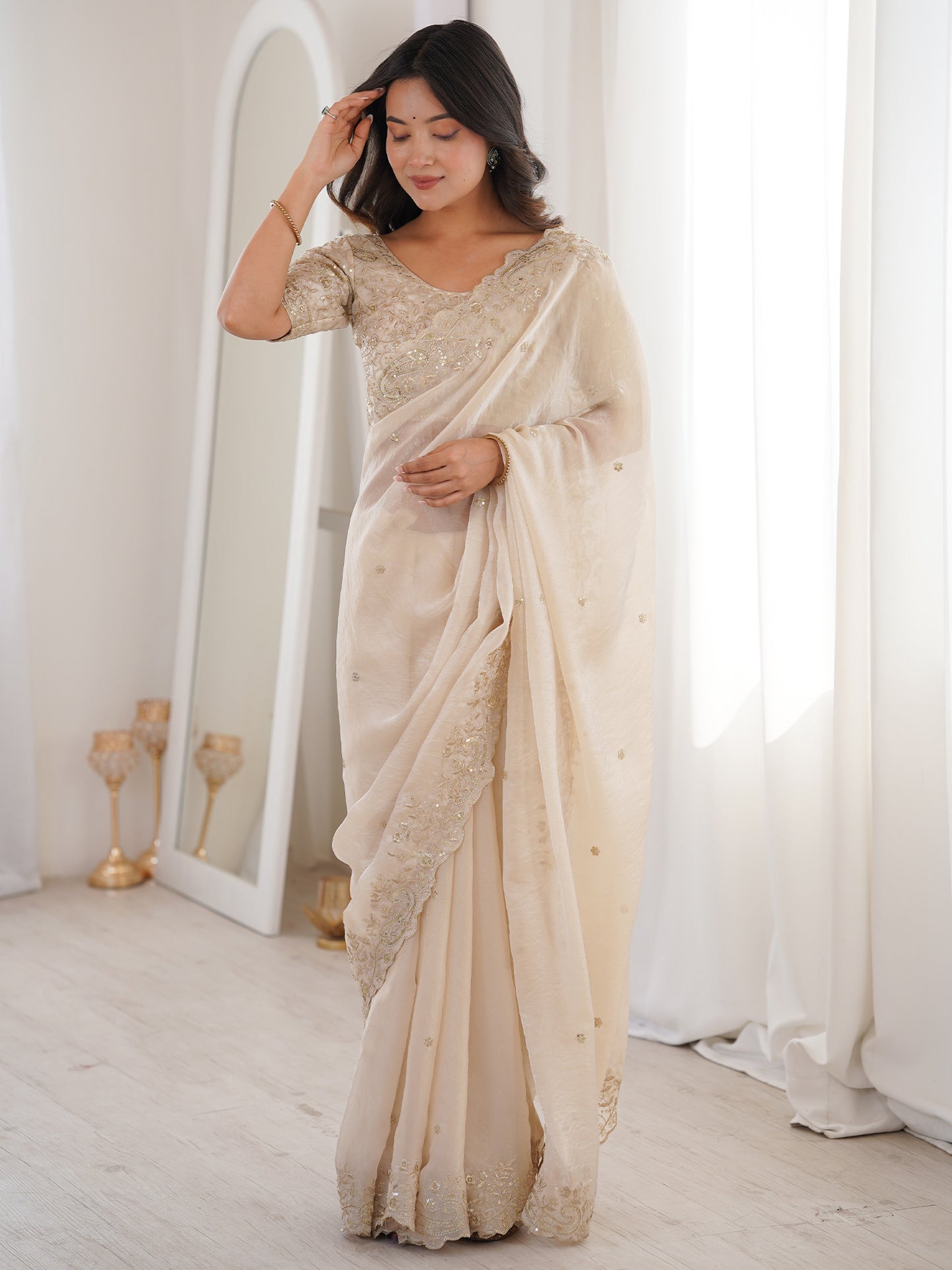 Women's Satin Off White Embellished Designer Saree With Blouse Piece