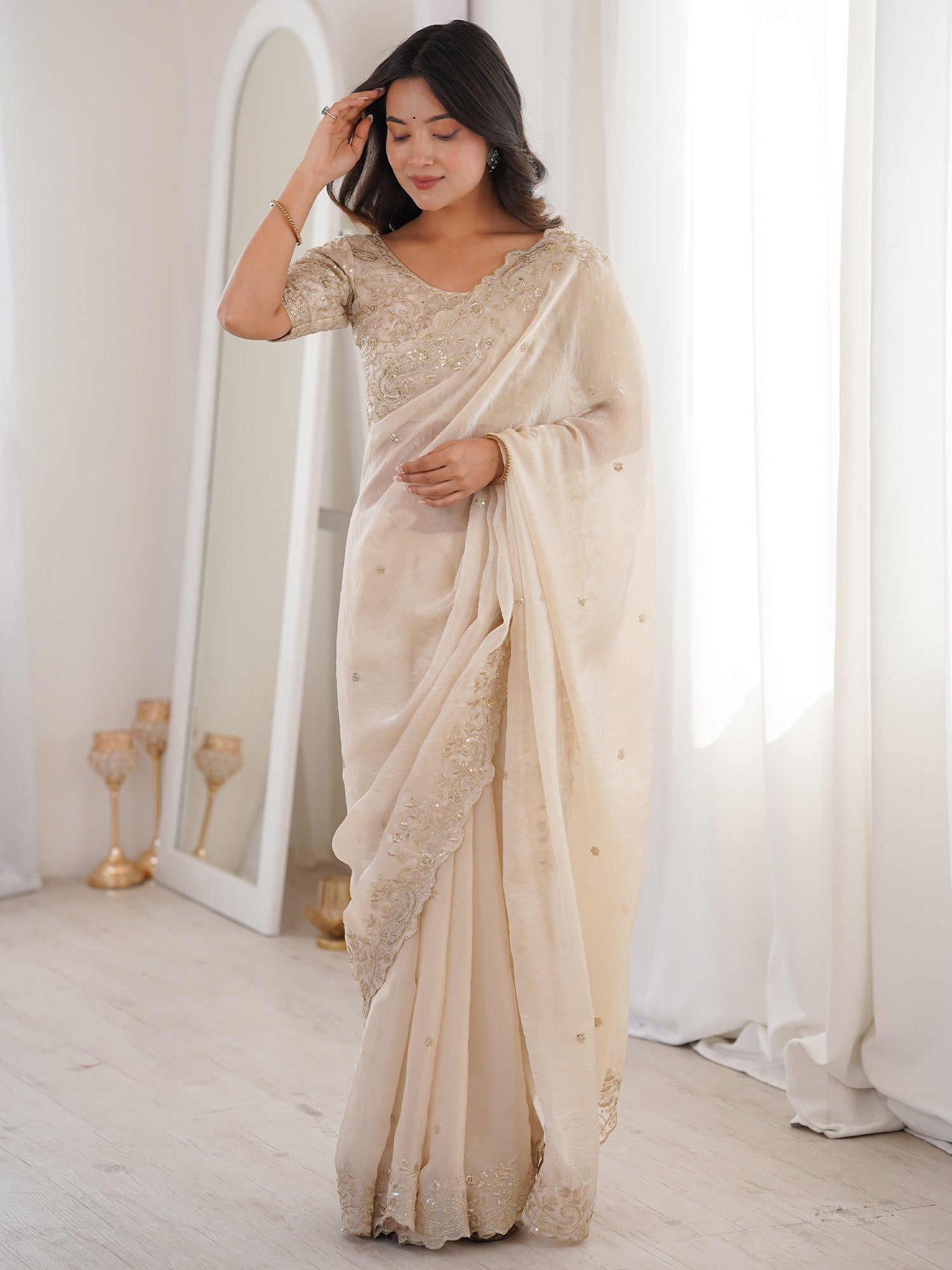 Women's Satin Off White Embellished Designer Saree With Blouse Piece