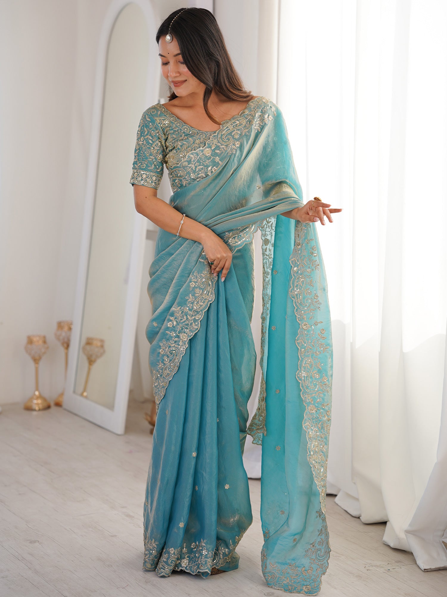 Women's Satin Light Blue Embellished Designer Saree With Blouse Piece