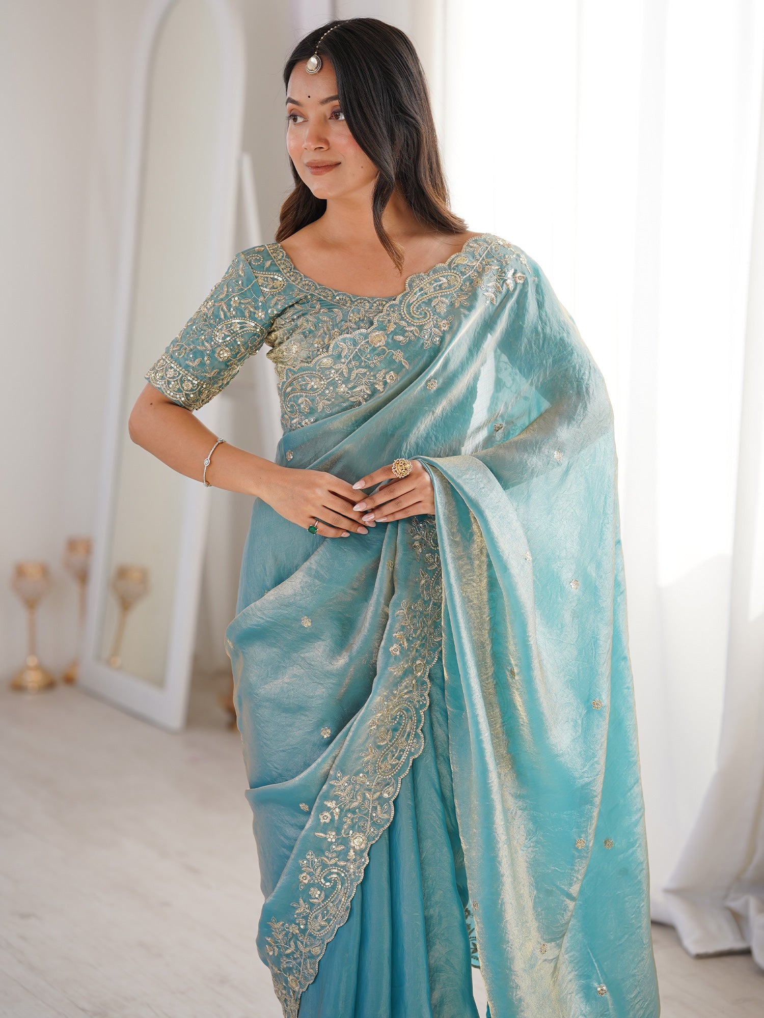 Women's Satin Light Blue Embellished Designer Saree With Blouse Piece