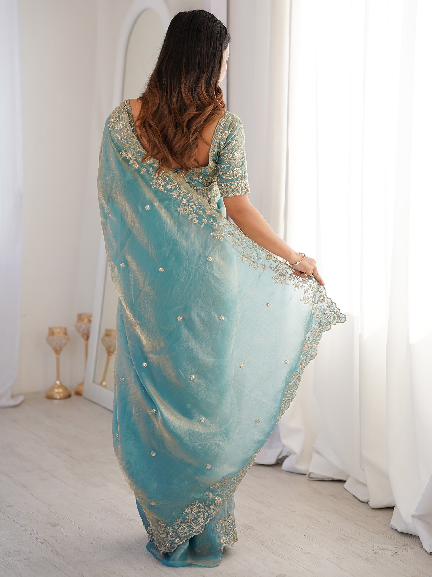 Women's Satin Light Blue Embellished Designer Saree With Blouse Piece