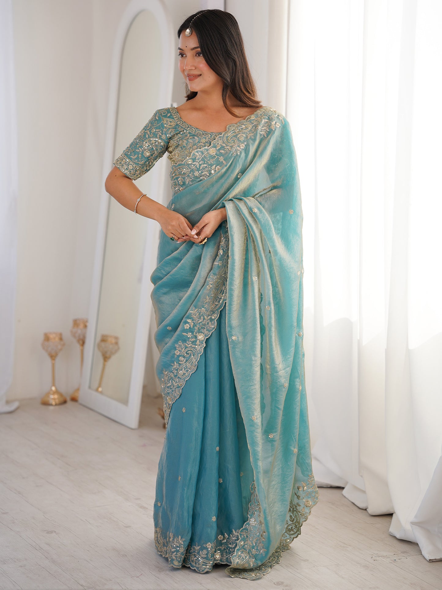 Women's Satin Light Blue Embellished Designer Saree With Blouse Piece