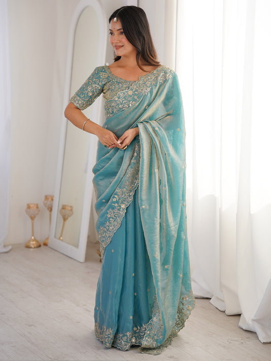 Women's Satin Light Blue Embellished Designer Saree With Blouse Piece