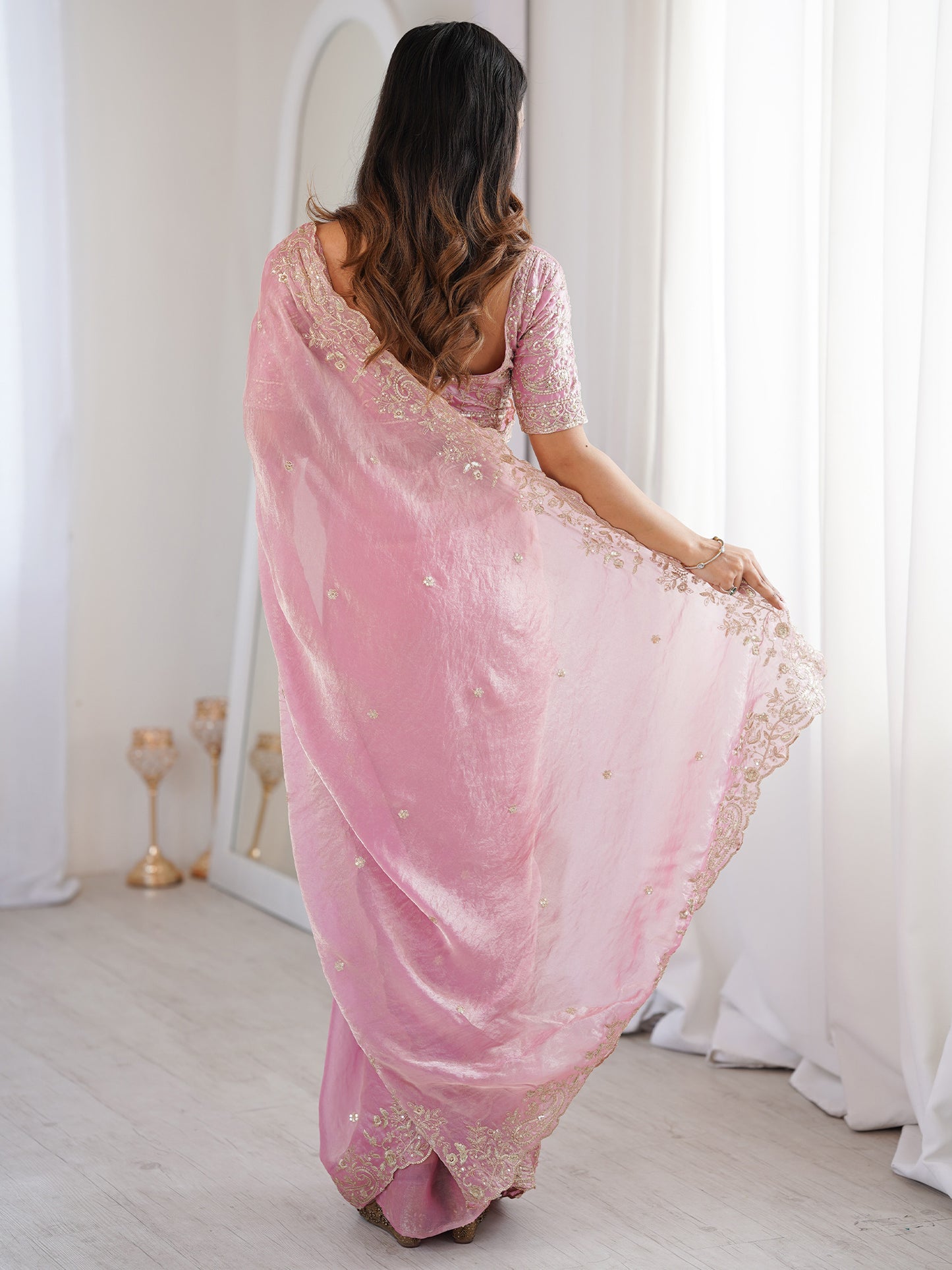 Women's Satin Pink Embellished Designer Saree With Blouse Piece