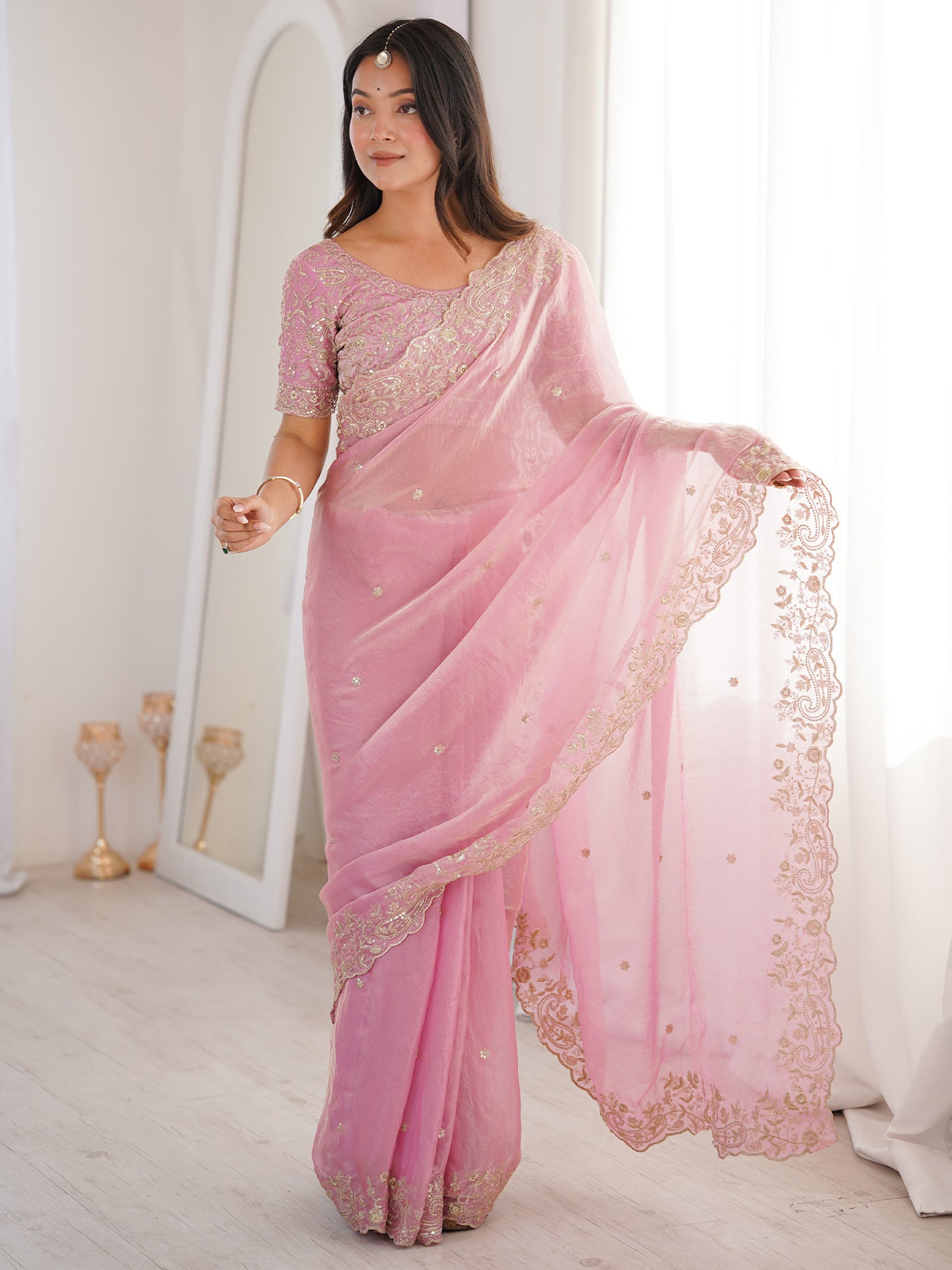 Women's Satin Pink Embellished Designer Saree With Blouse Piece