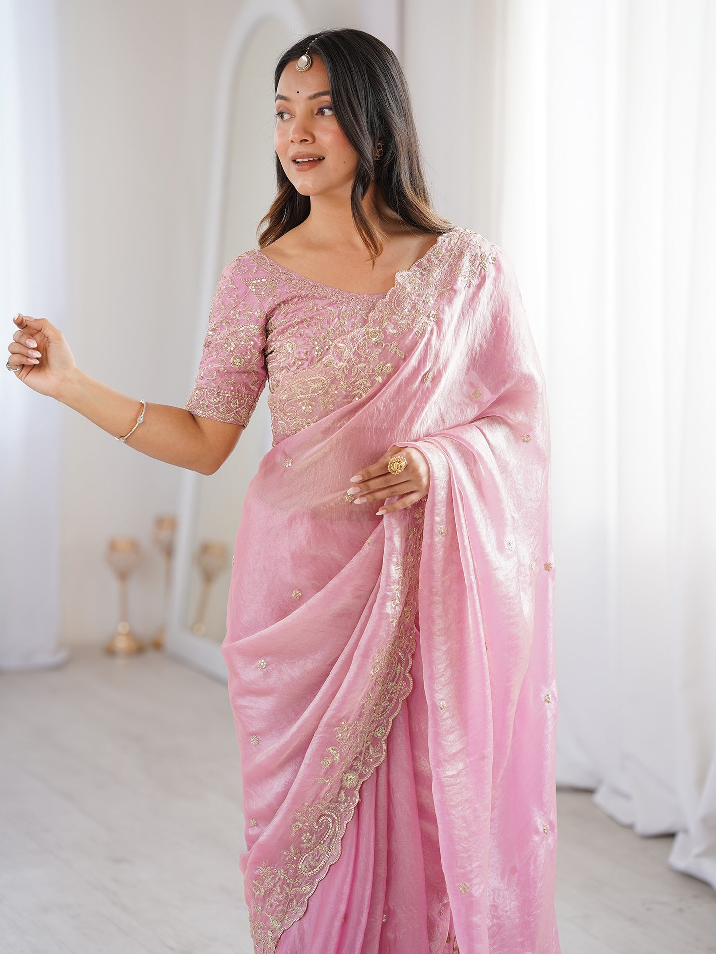Women's Satin Pink Embellished Designer Saree With Blouse Piece