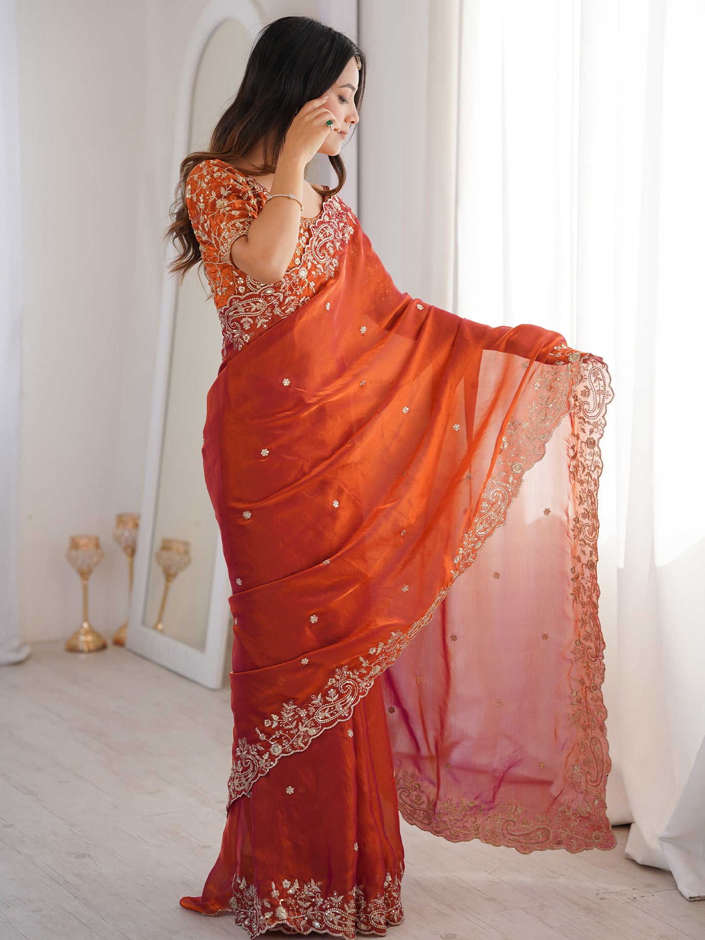 Women's Satin Rust Embellished Designer Saree With Blouse Piece