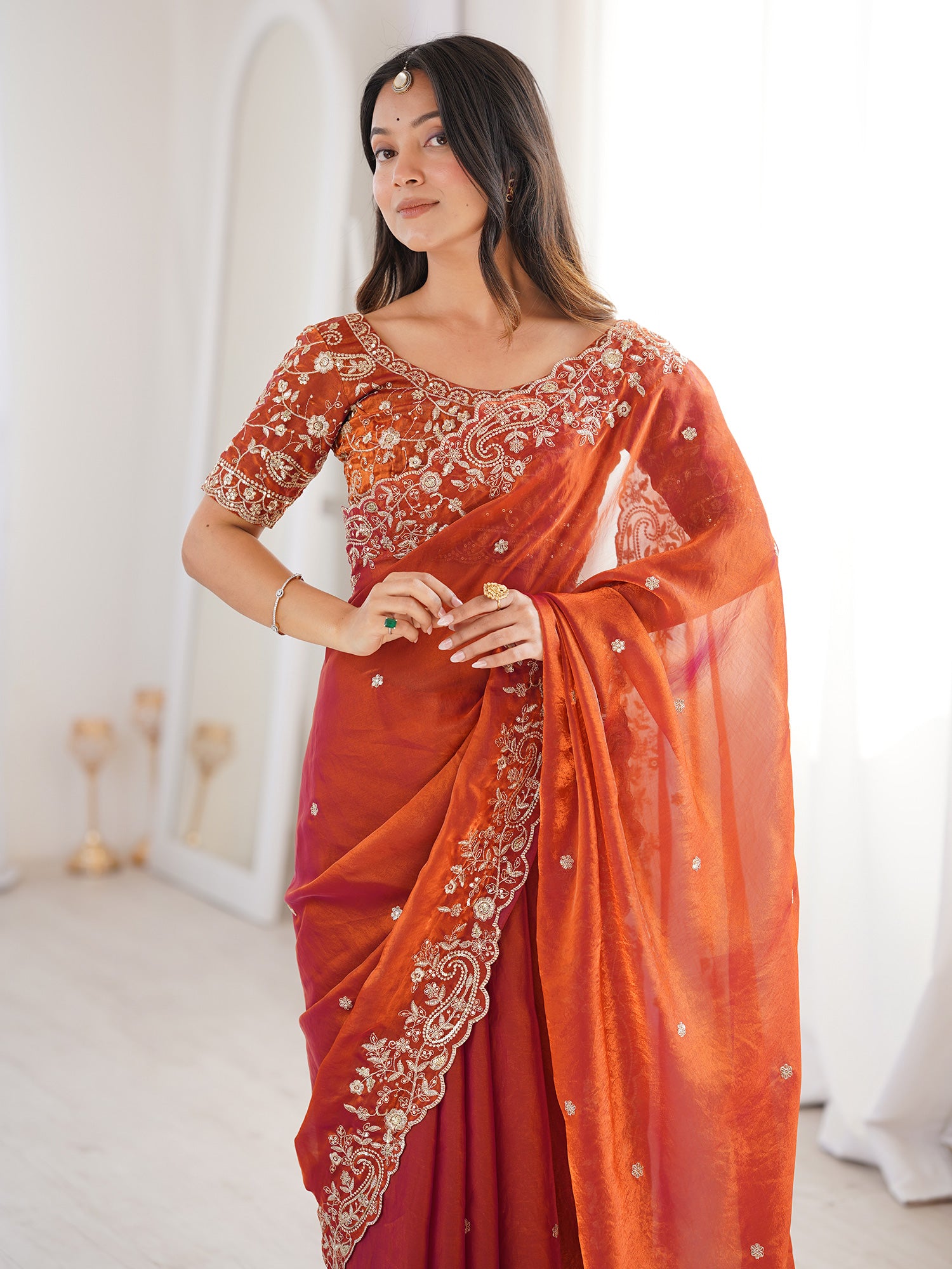 Women's Satin Rust Embellished Designer Saree With Blouse Piece