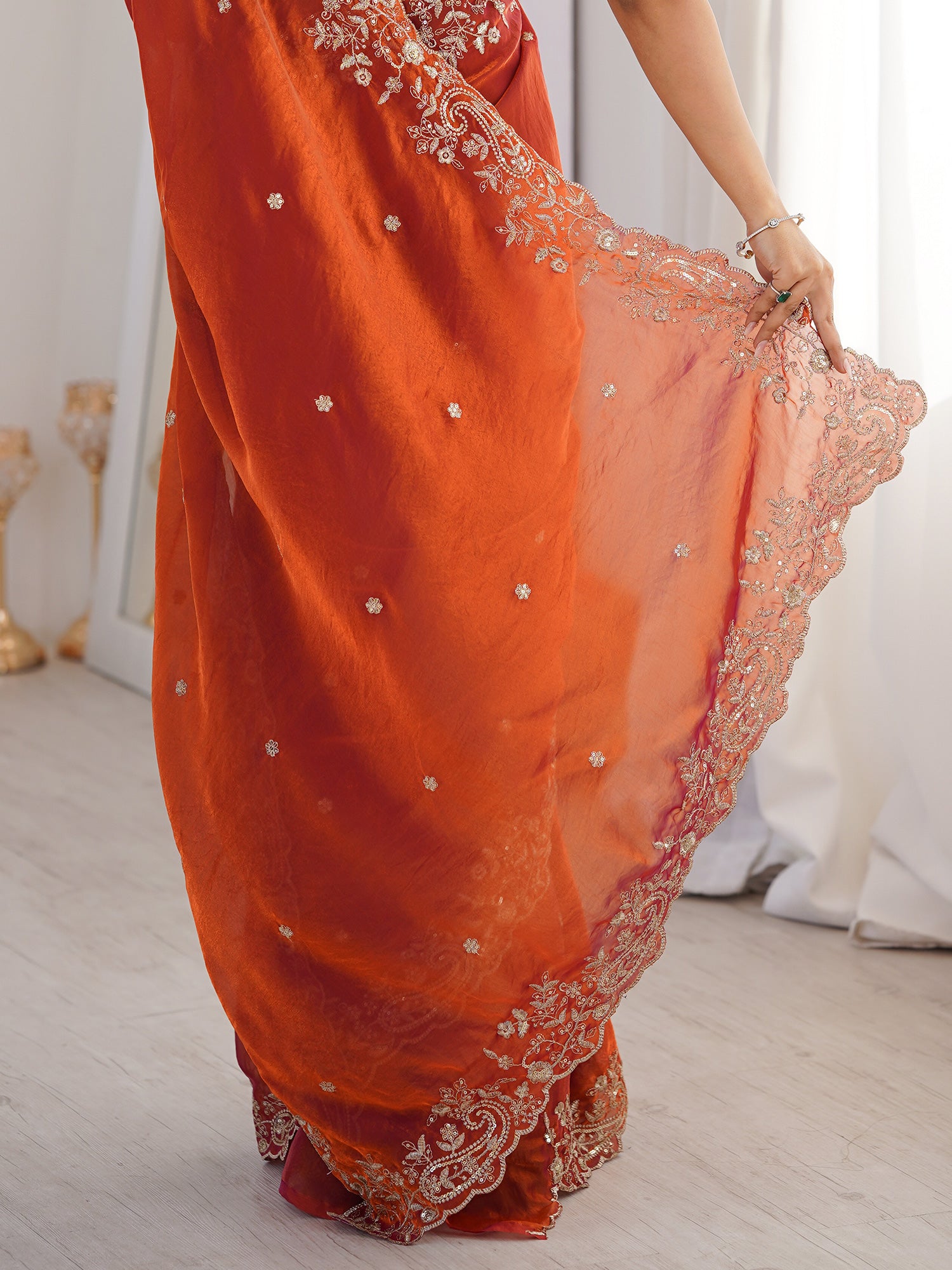 Women's Satin Rust Embellished Designer Saree With Blouse Piece