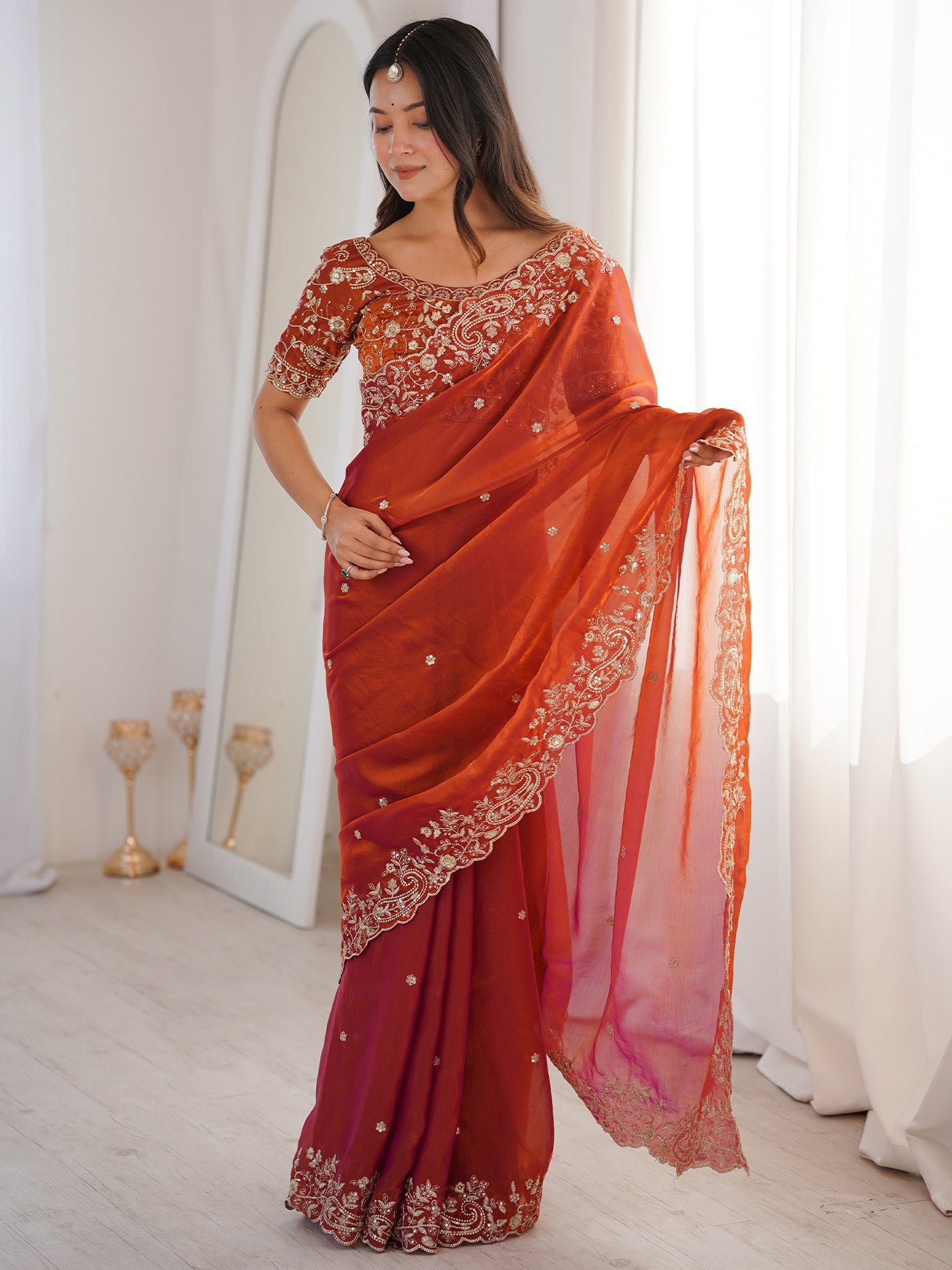 Women's Satin Rust Embellished Designer Saree With Blouse Piece