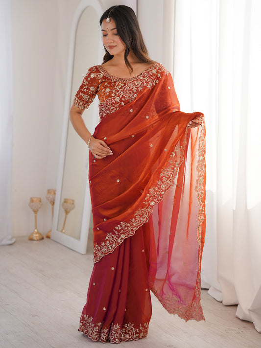 Women's Satin Rust Embellished Designer Saree With Blouse Piece