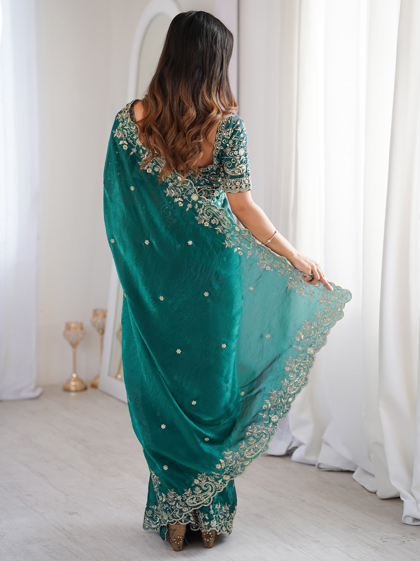 Women's Satin Teal green Embellished Designer Saree With Blouse Piece