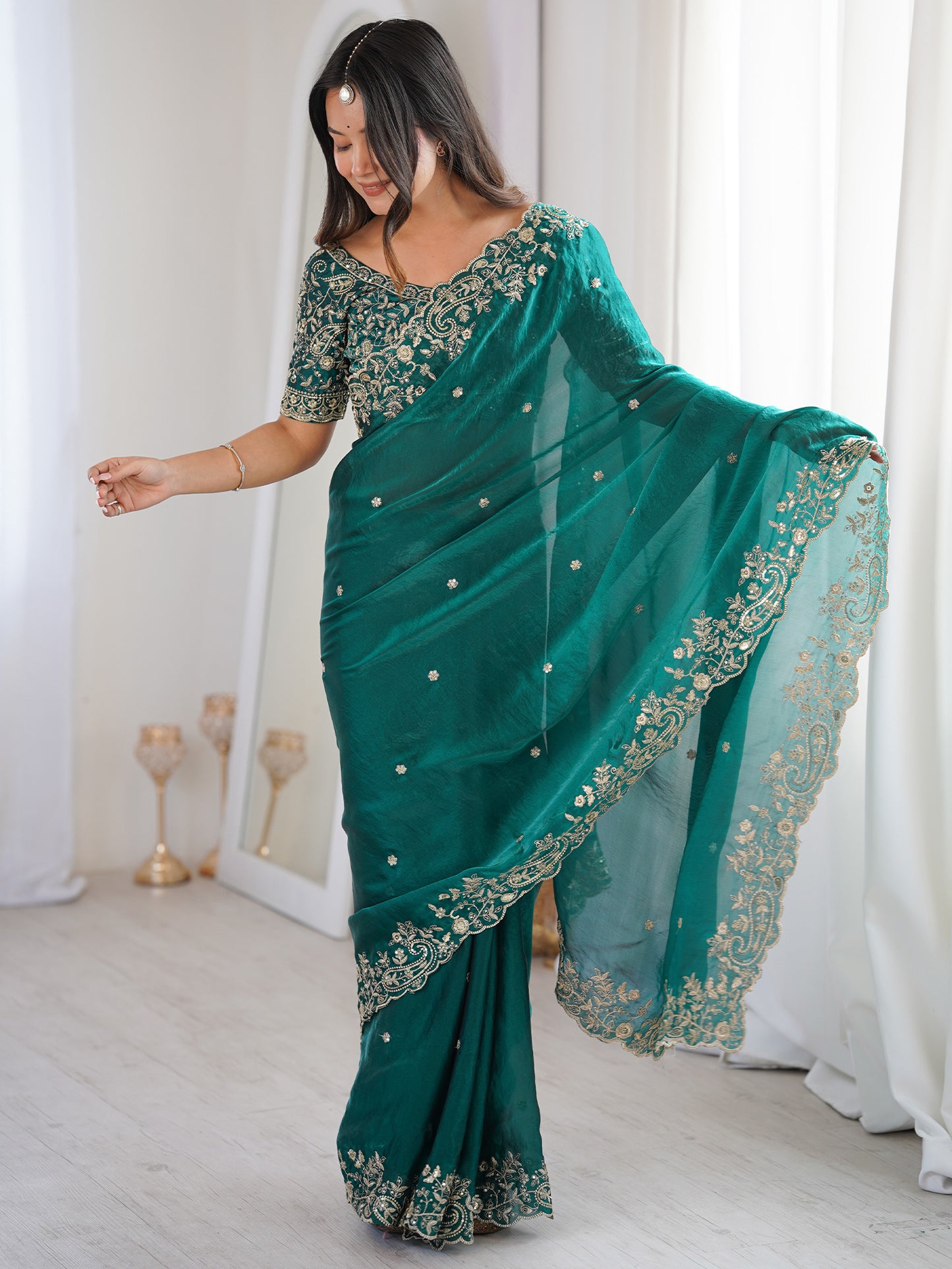 Women's Satin Teal green Embellished Designer Saree With Blouse Piece