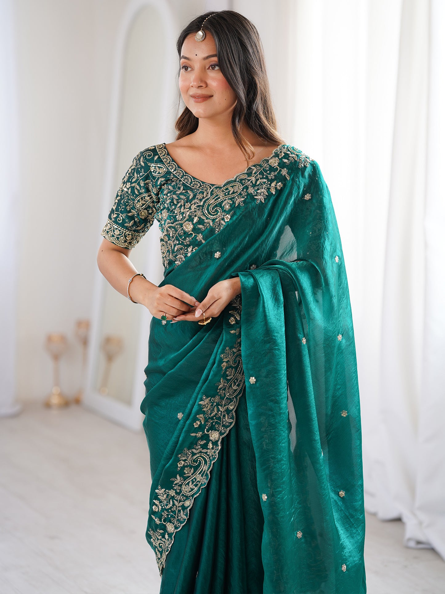 Women's Satin Teal green Embellished Designer Saree With Blouse Piece