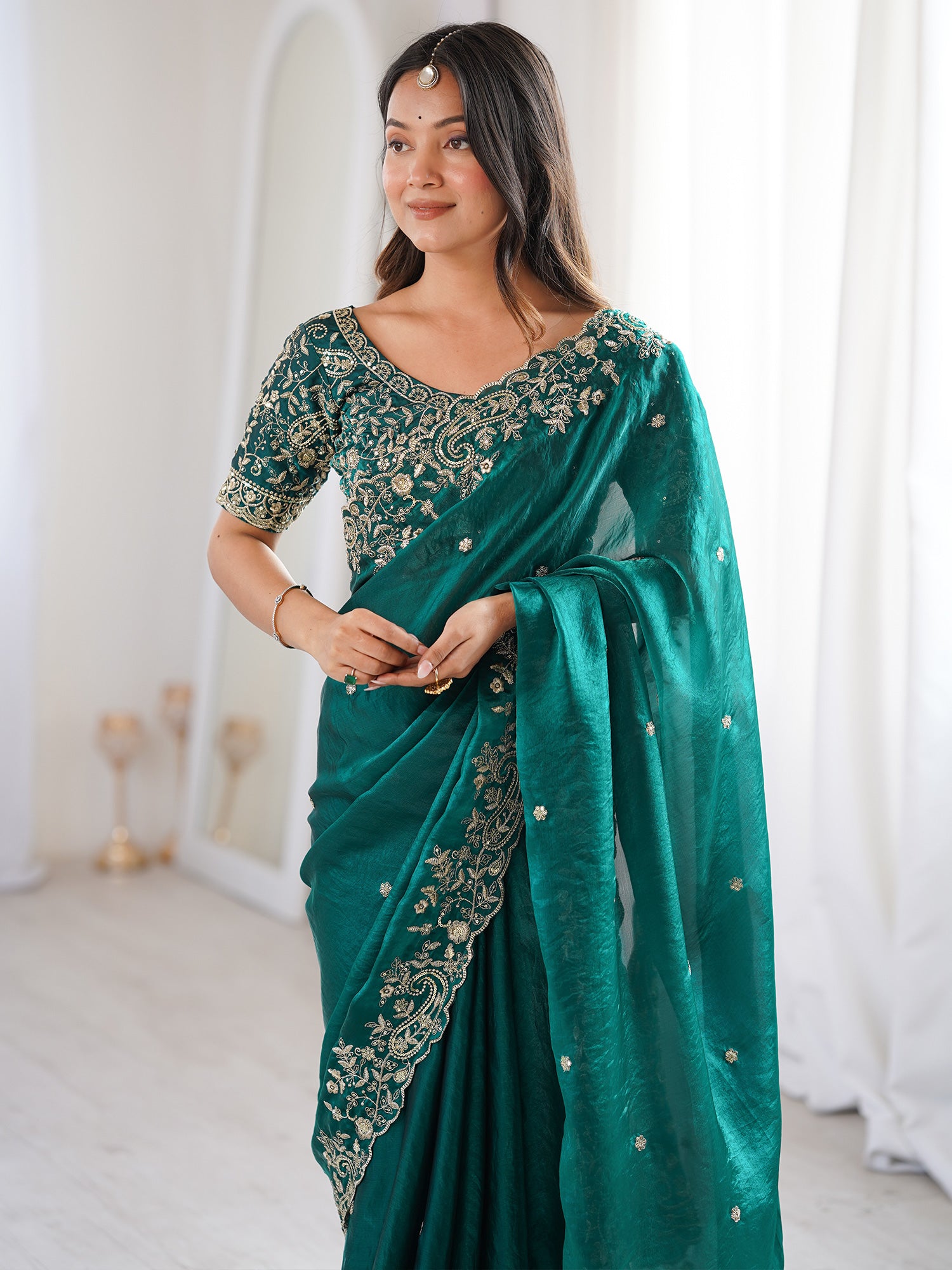 Women's Satin Teal green Embellished Designer Saree With Blouse Piece