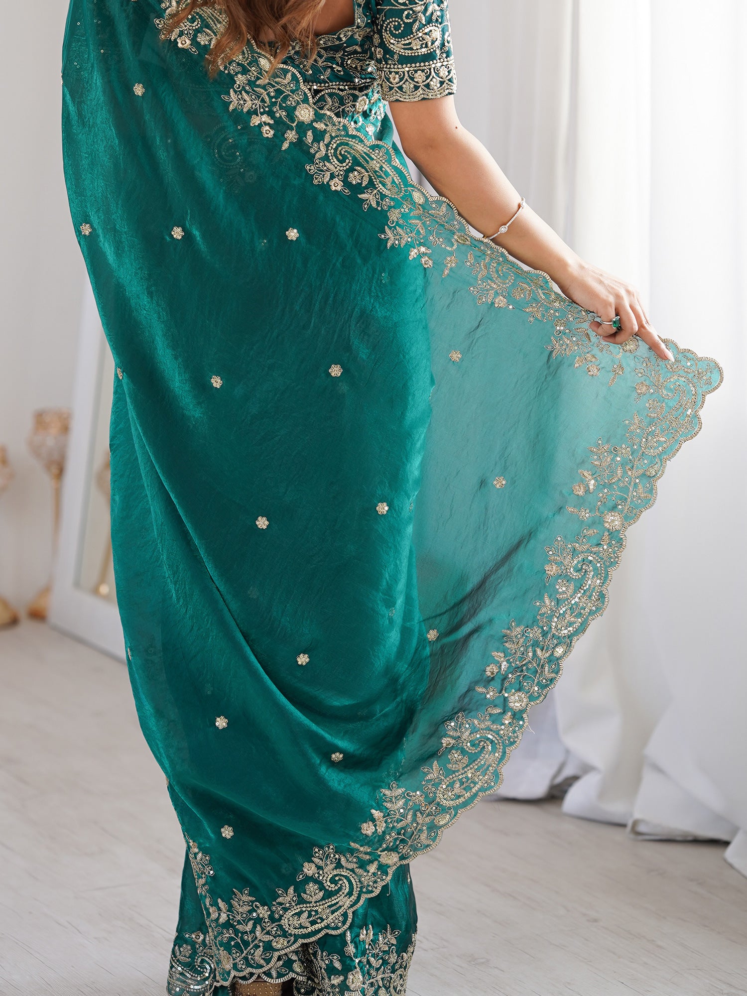 Women's Satin Teal green Embellished Designer Saree With Blouse Piece
