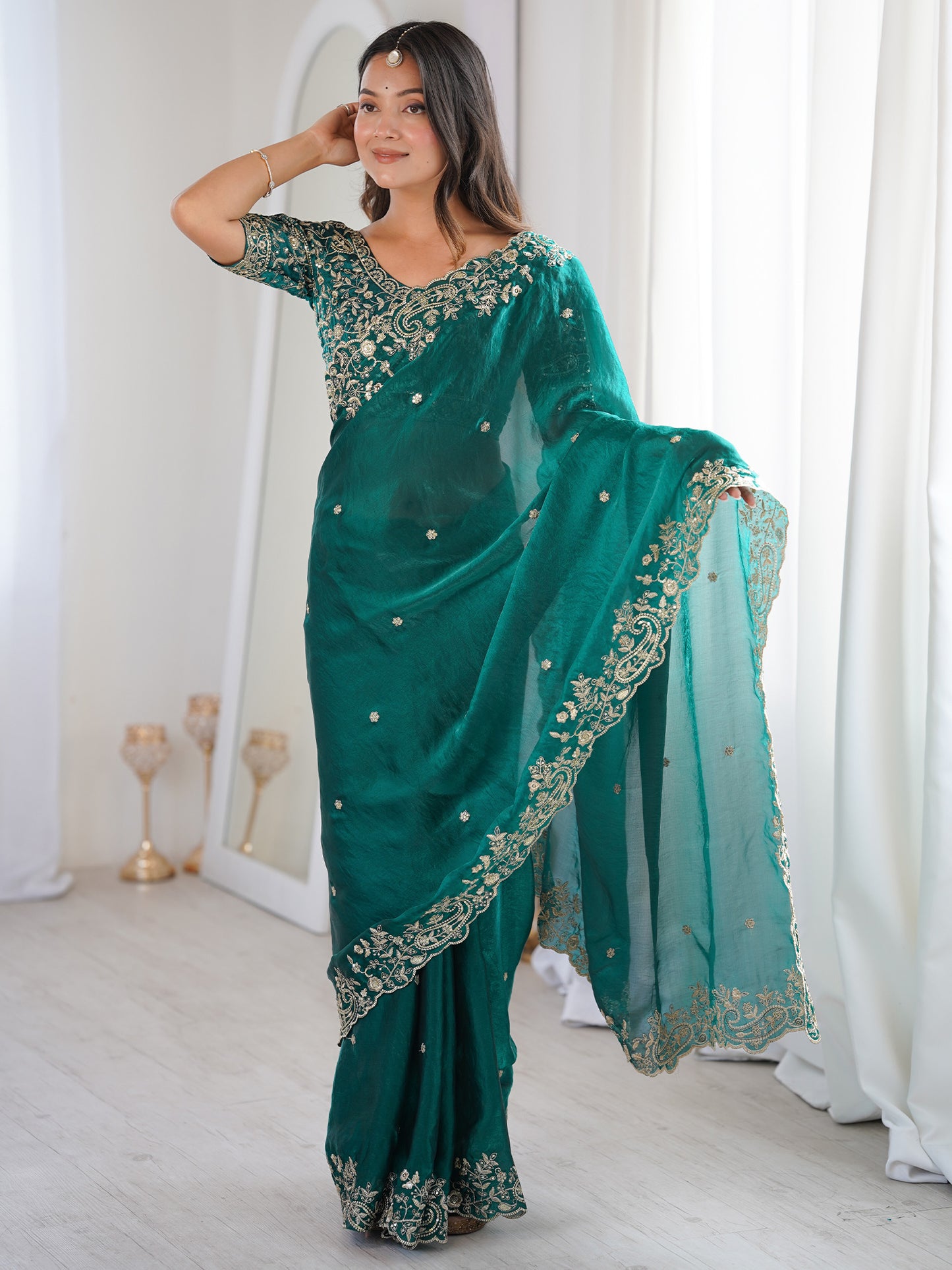 Women's Satin Teal green Embellished Designer Saree With Blouse Piece
