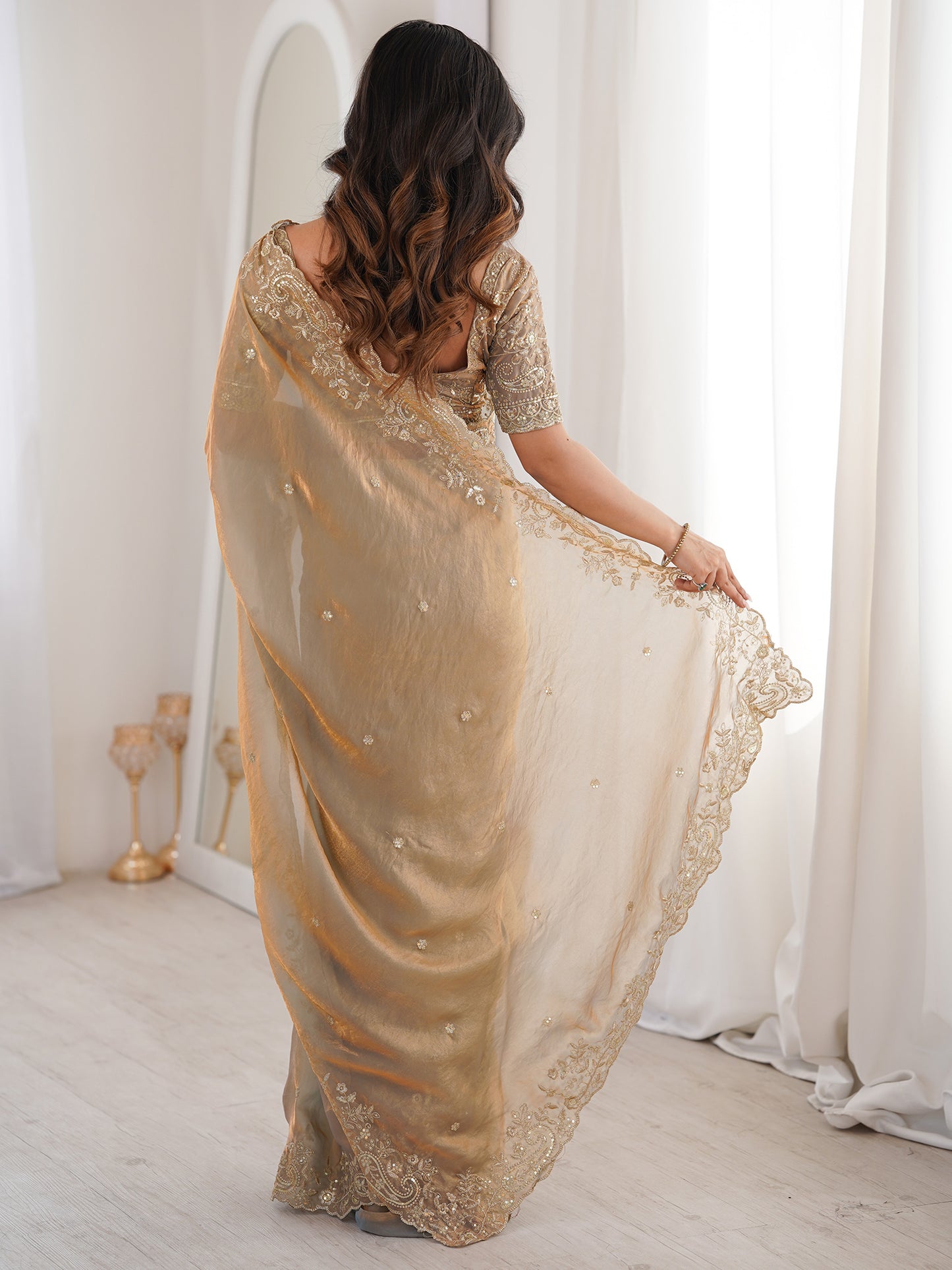 Women's Satin Metallic Embellished Designer Saree With Blouse Piece
