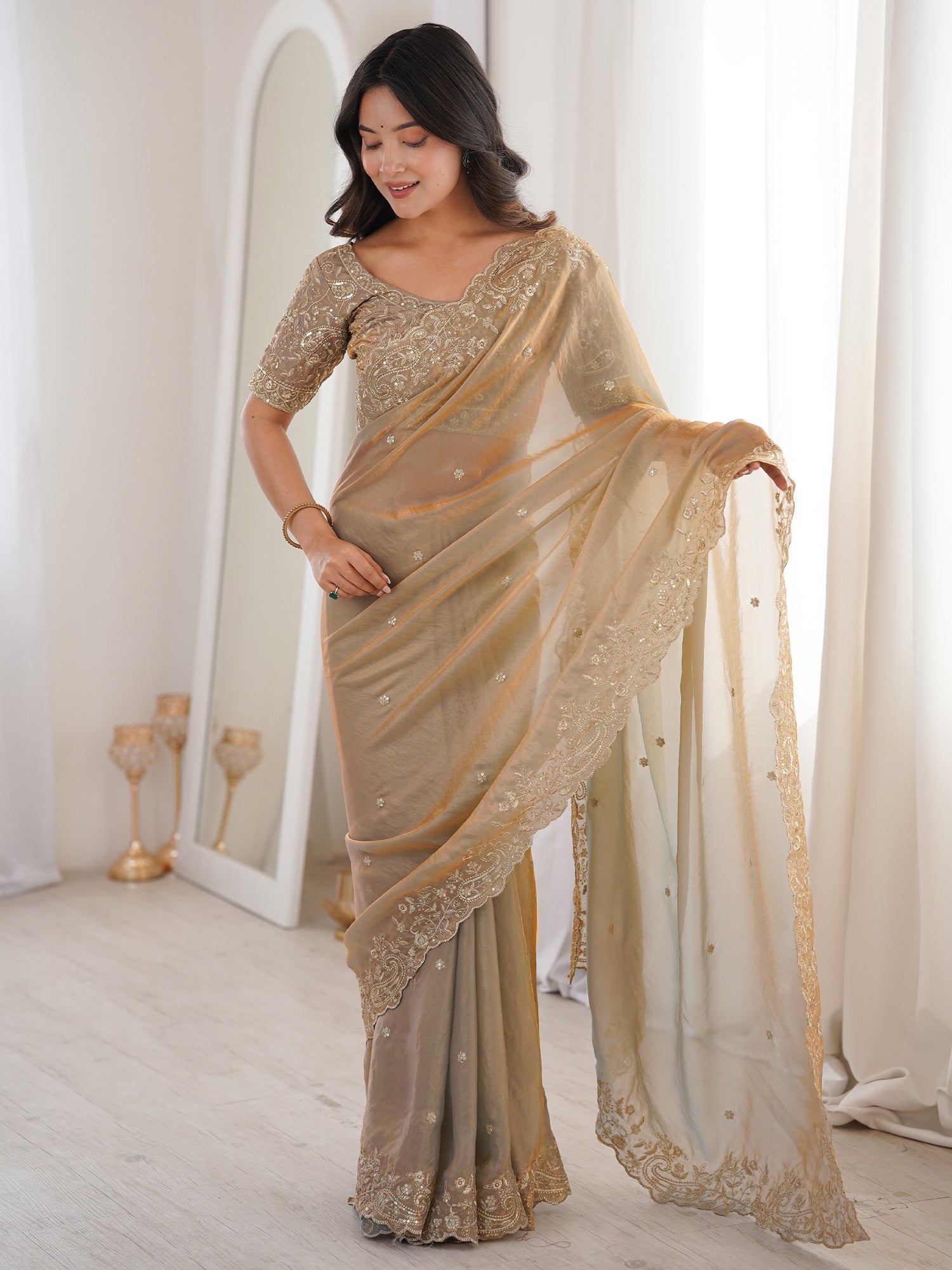 Women's Satin Metallic Embellished Designer Saree With Blouse Piece