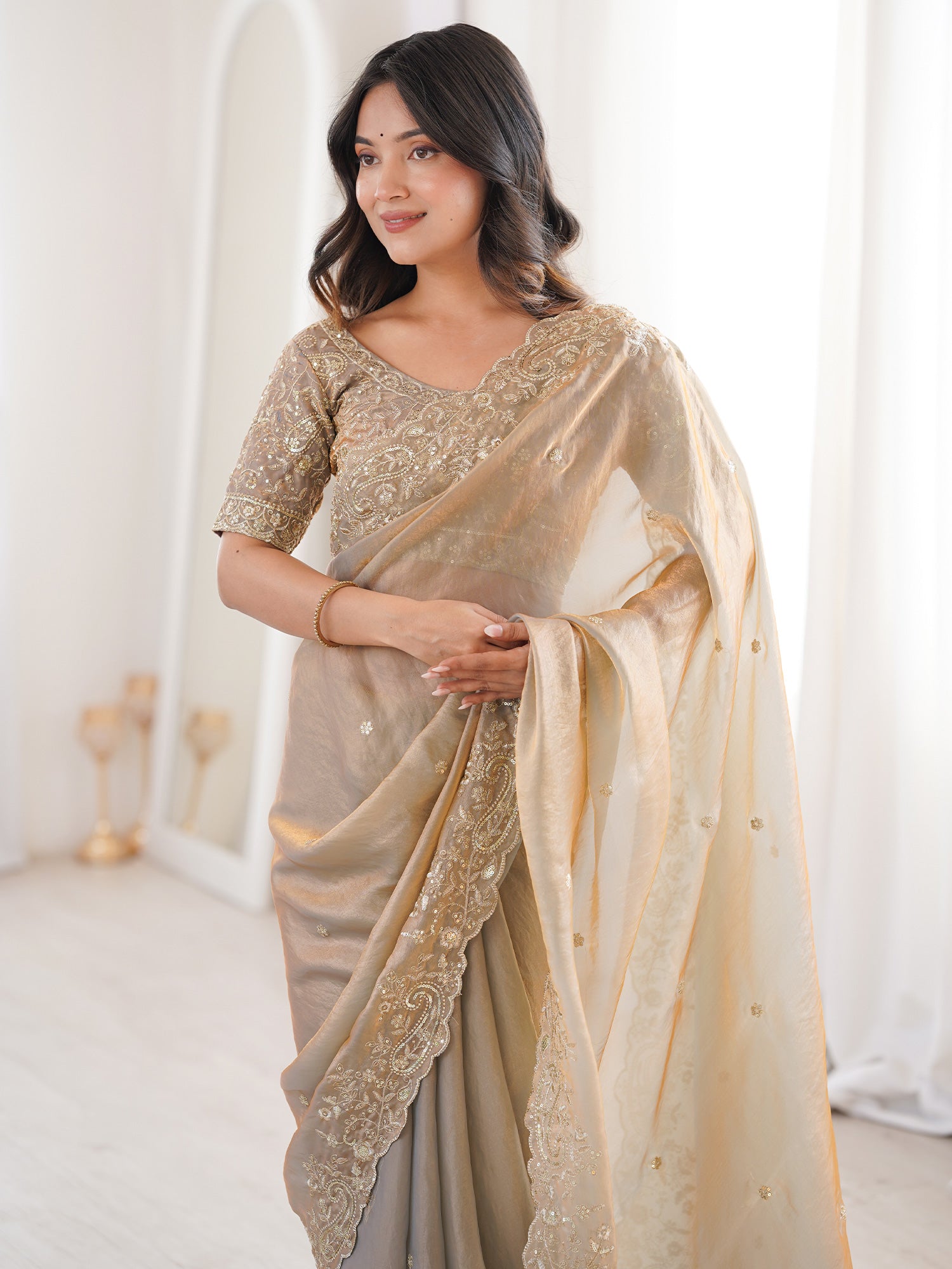 Women's Satin Metallic Embellished Designer Saree With Blouse Piece