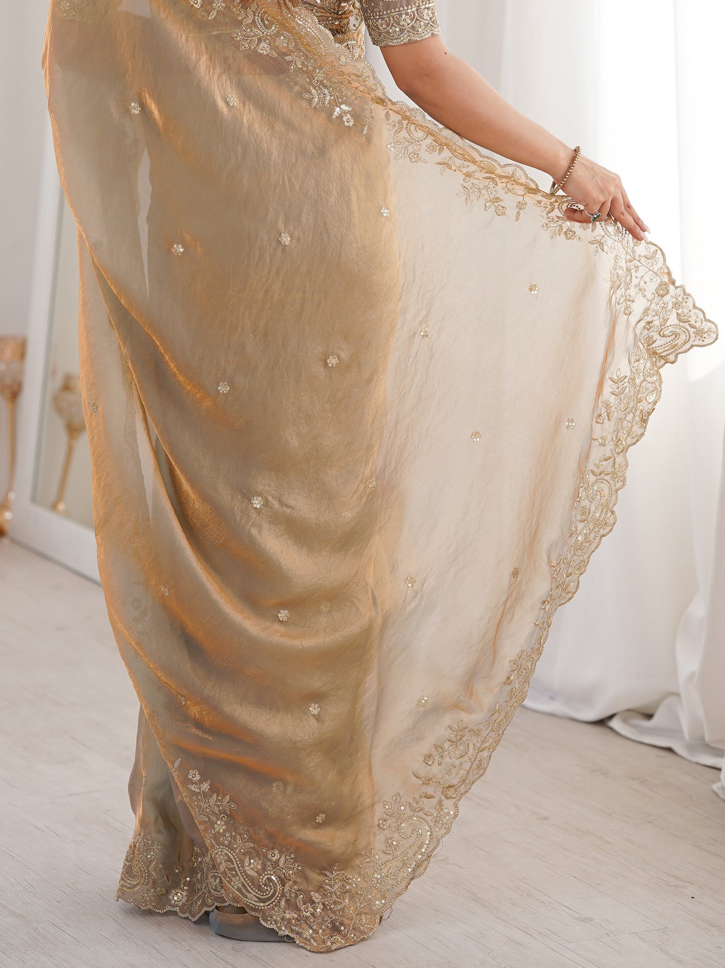 Women's Satin Metallic Embellished Designer Saree With Blouse Piece