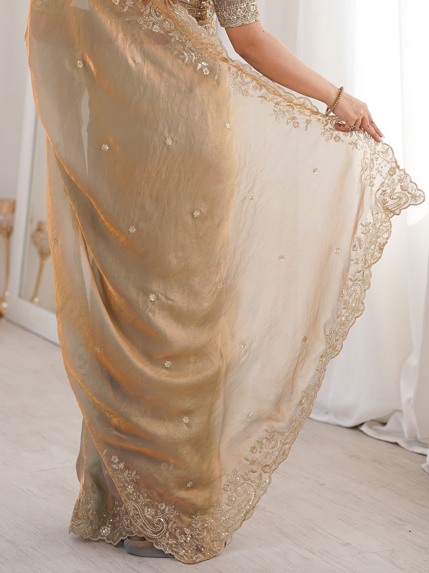 Women's Satin Metallic Embellished Designer Saree With Blouse Piece
