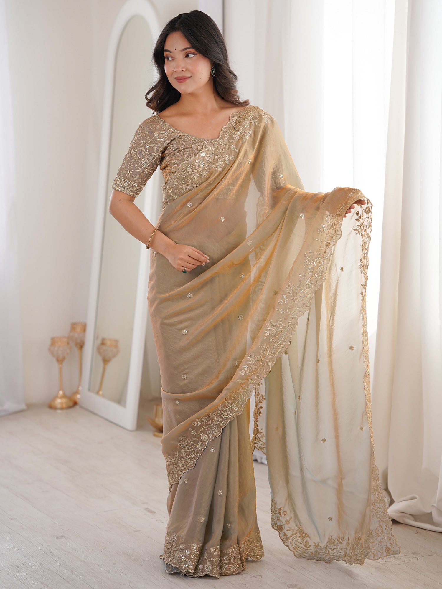 Women's Satin Metallic Embellished Designer Saree With Blouse Piece