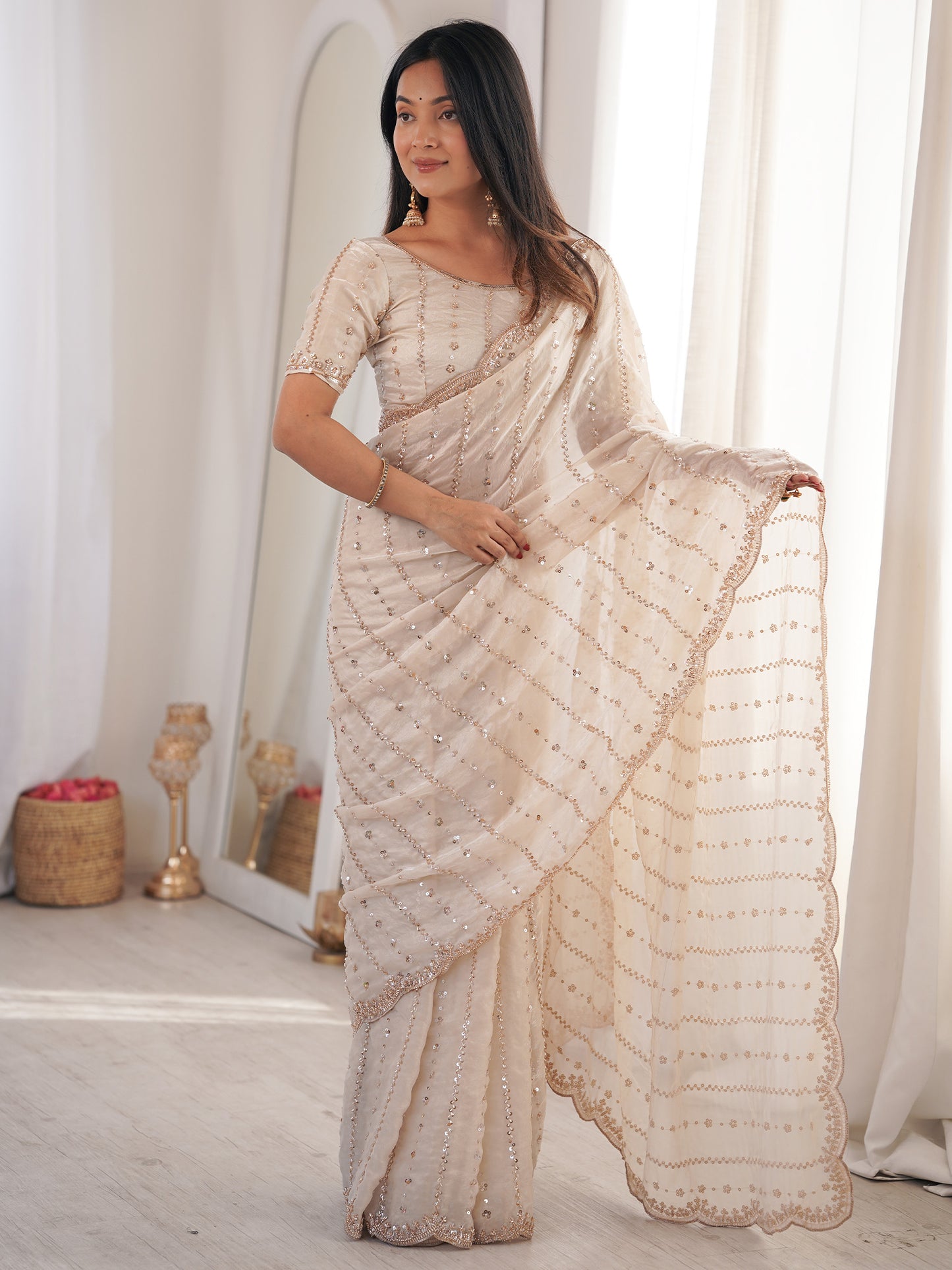 Women's Satin Off White Embellished Designer Saree With Blouse Piece