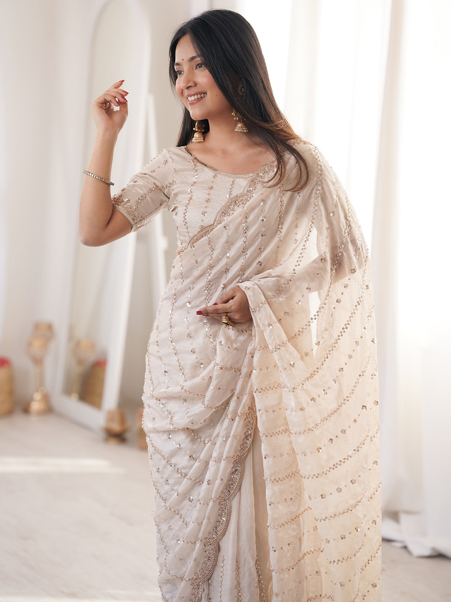 Women's Satin Off White Embellished Designer Saree With Blouse Piece