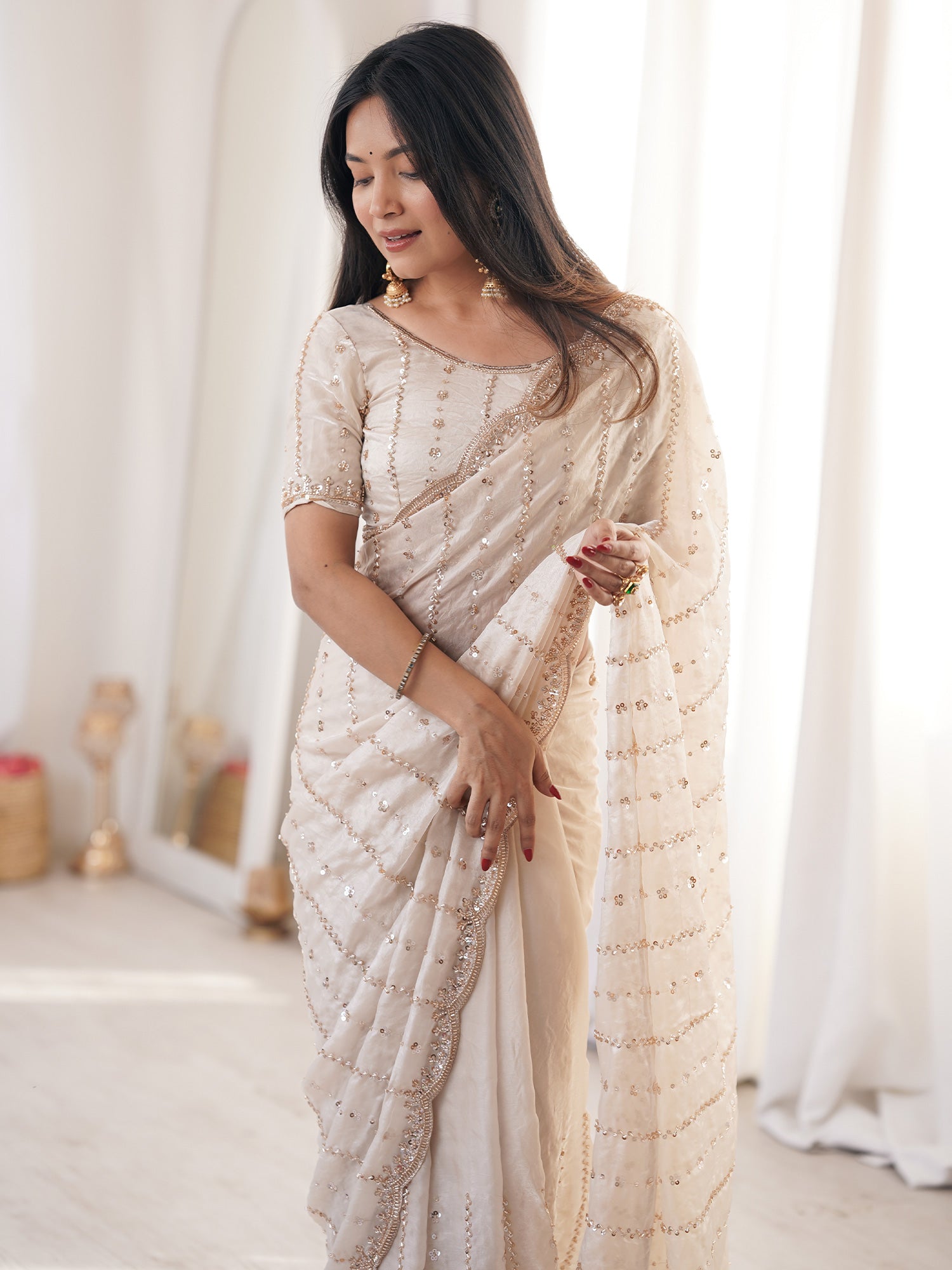Women's Satin Off White Embellished Designer Saree With Blouse Piece