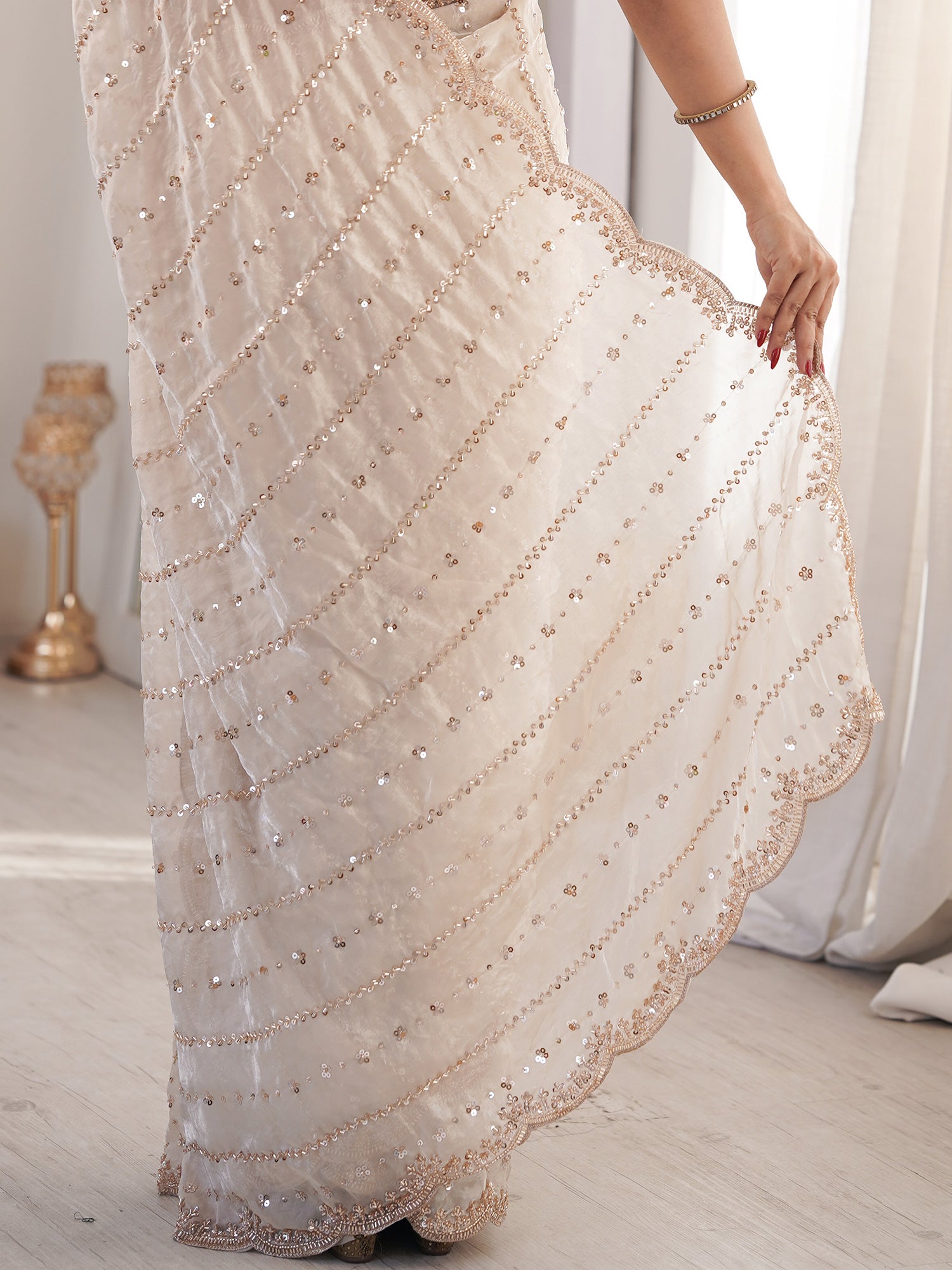 Women's Satin Off White Embellished Designer Saree With Blouse Piece
