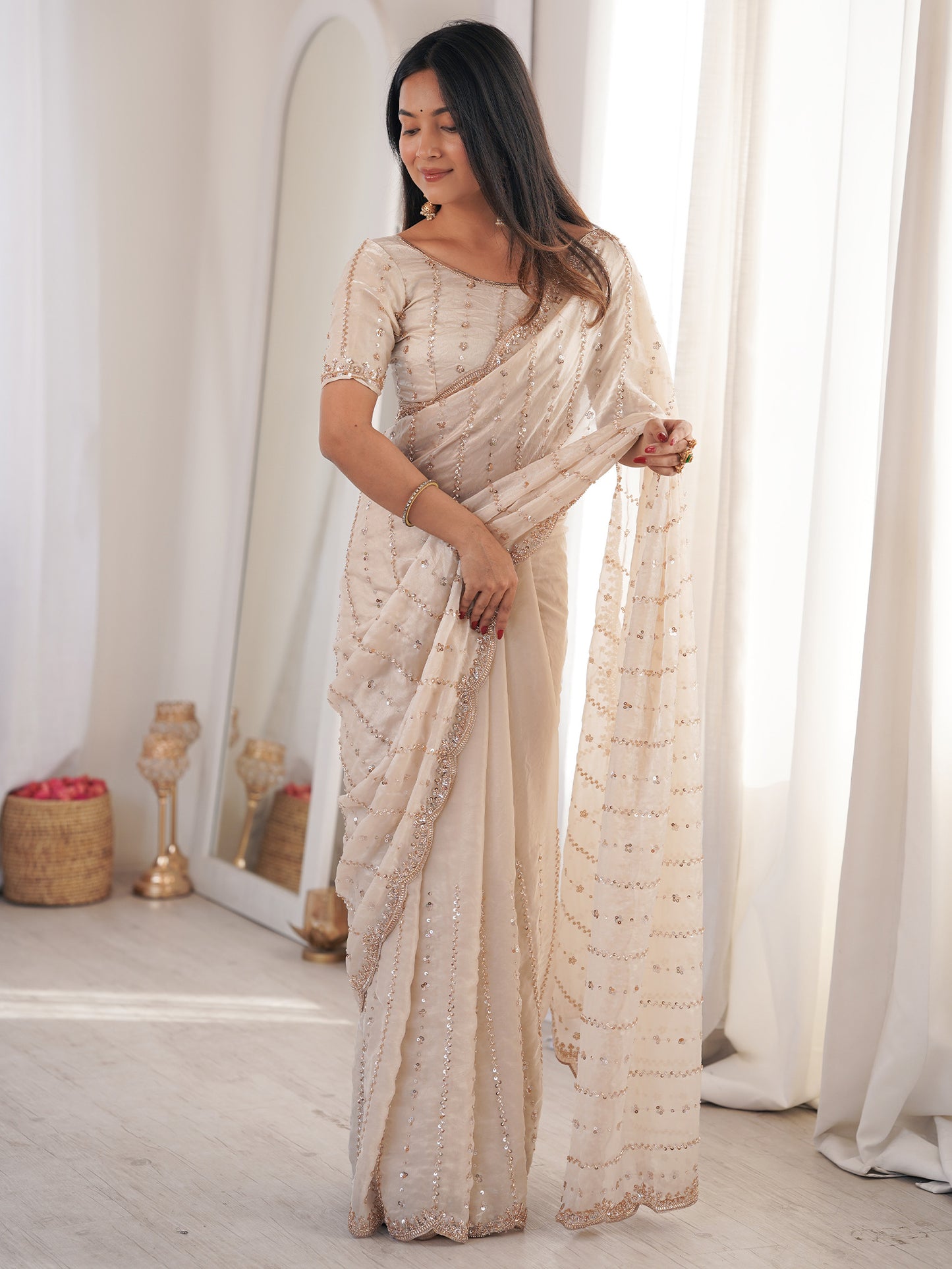 Women's Satin Off White Embellished Designer Saree With Blouse Piece
