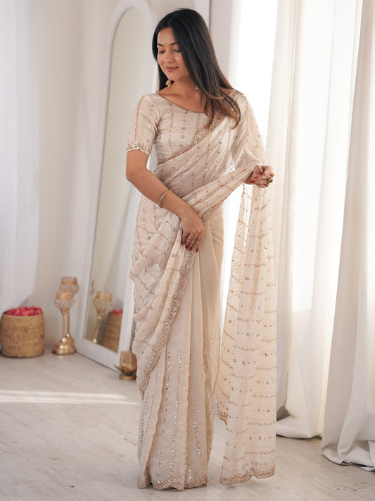 Women's Satin Off White Embellished Designer Saree With Blouse Piece