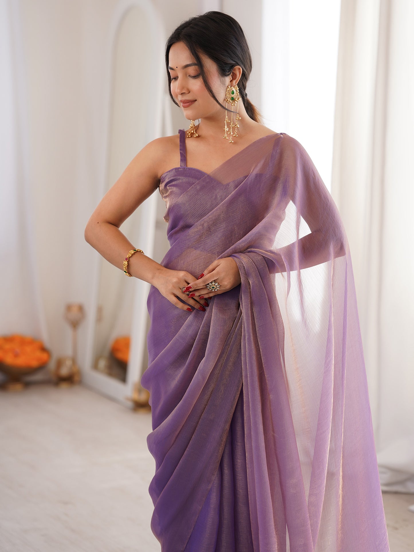 Women's Satin Lavender Solid Designer Saree With Blouse Piece