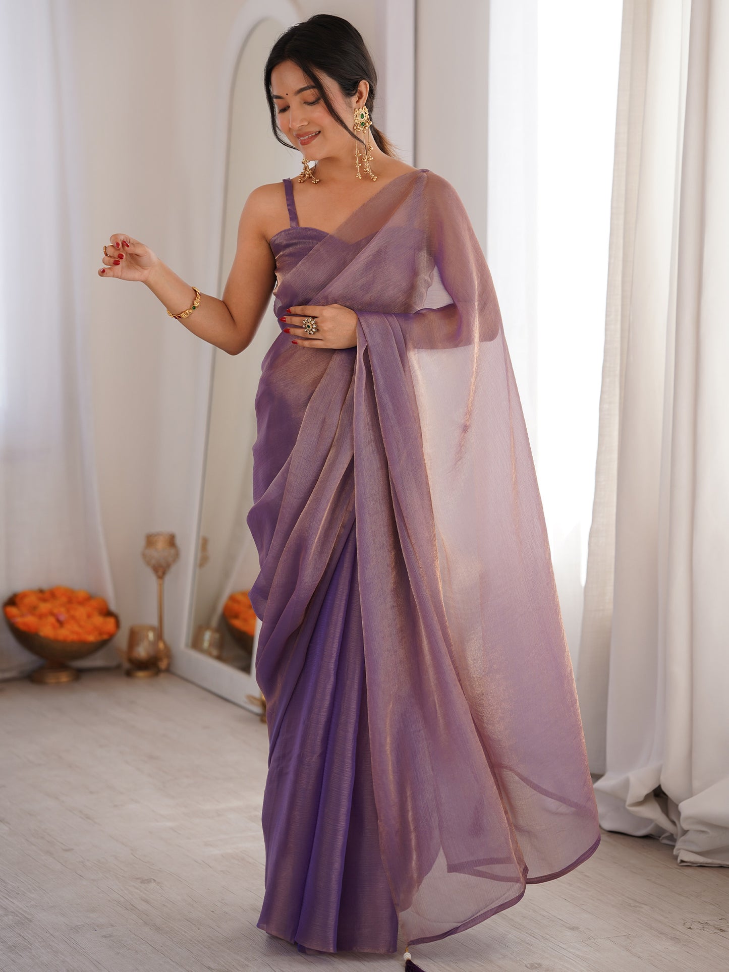 Women's Satin Lavender Solid Designer Saree With Blouse Piece