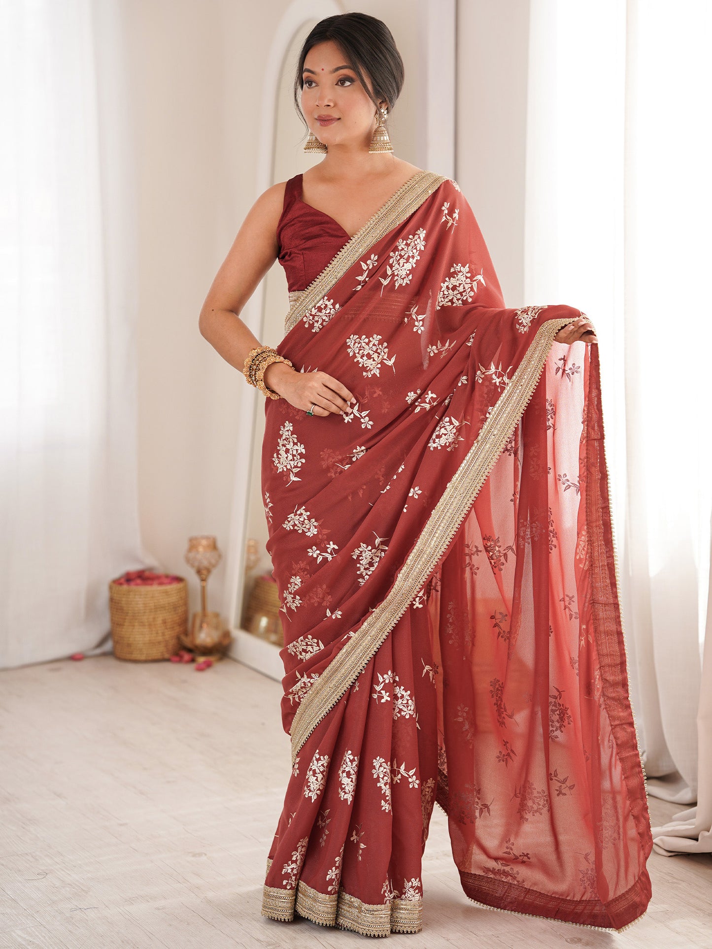 Women's Georgette Rust Digital Print Designer Saree With Blouse Piece