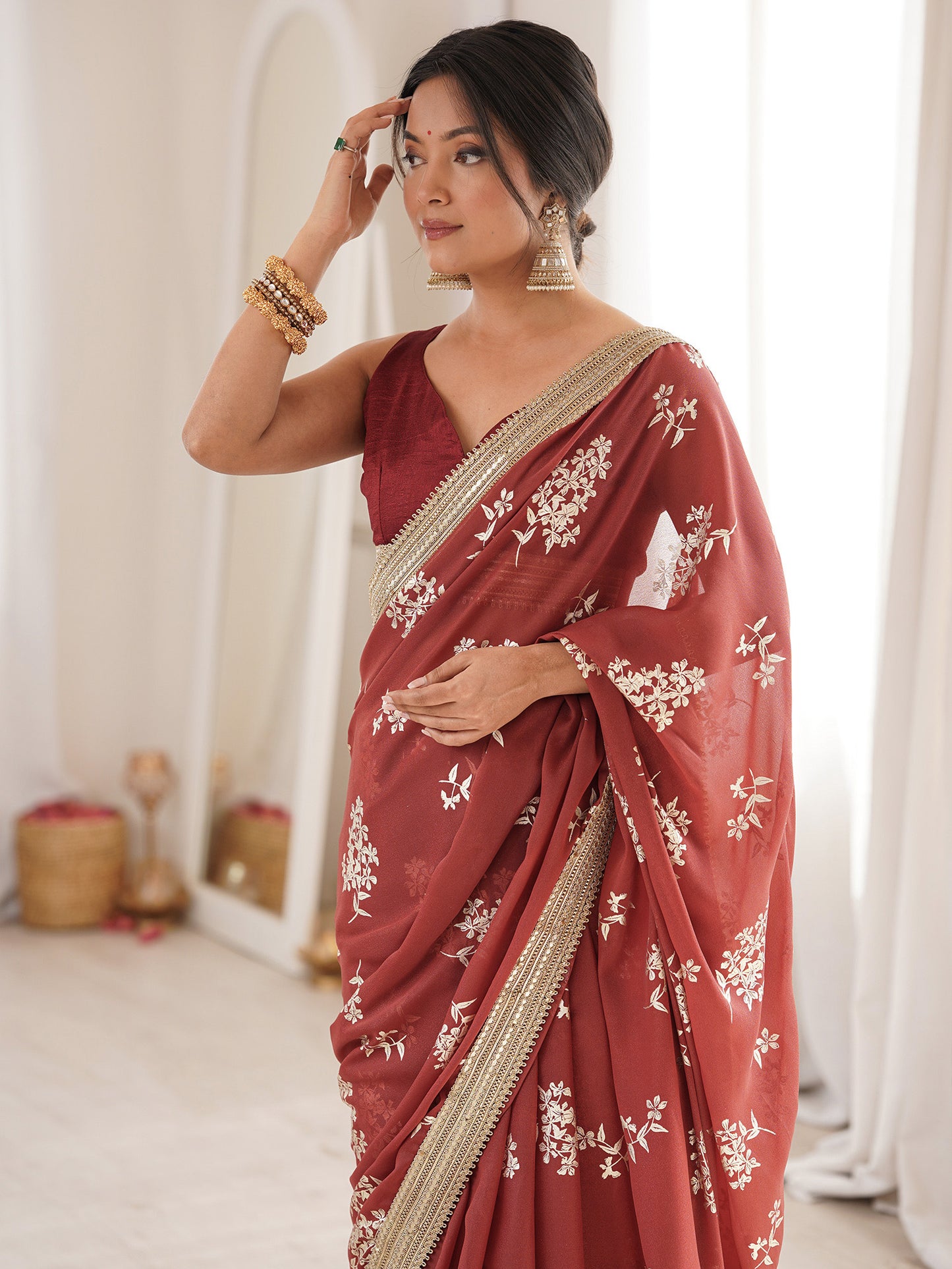 Women's Georgette Rust Digital Print Designer Saree With Blouse Piece
