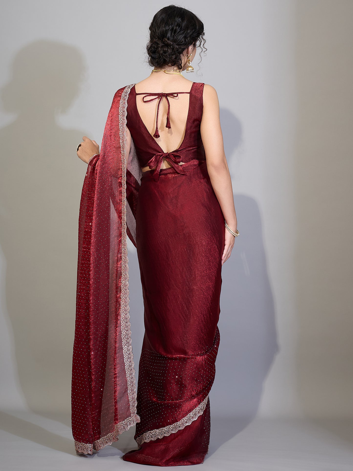 Women's Chiffon Maroon Zari Embroidered Designer Saree With Blouse Piece