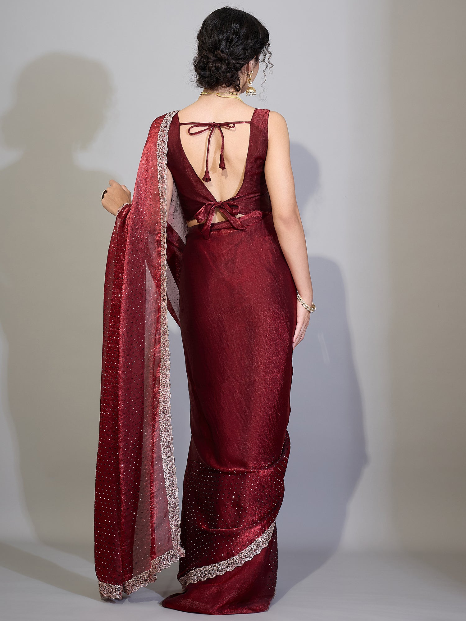Women's Chiffon Maroon Zari Embroidered Designer Saree With Blouse Piece