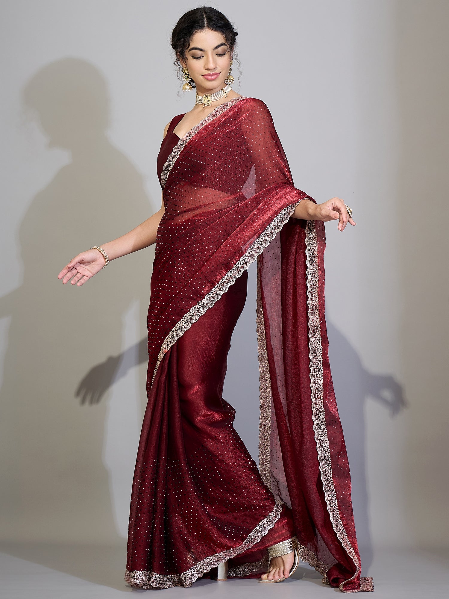 Women's Chiffon Maroon Zari Embroidered Designer Saree With Blouse Piece