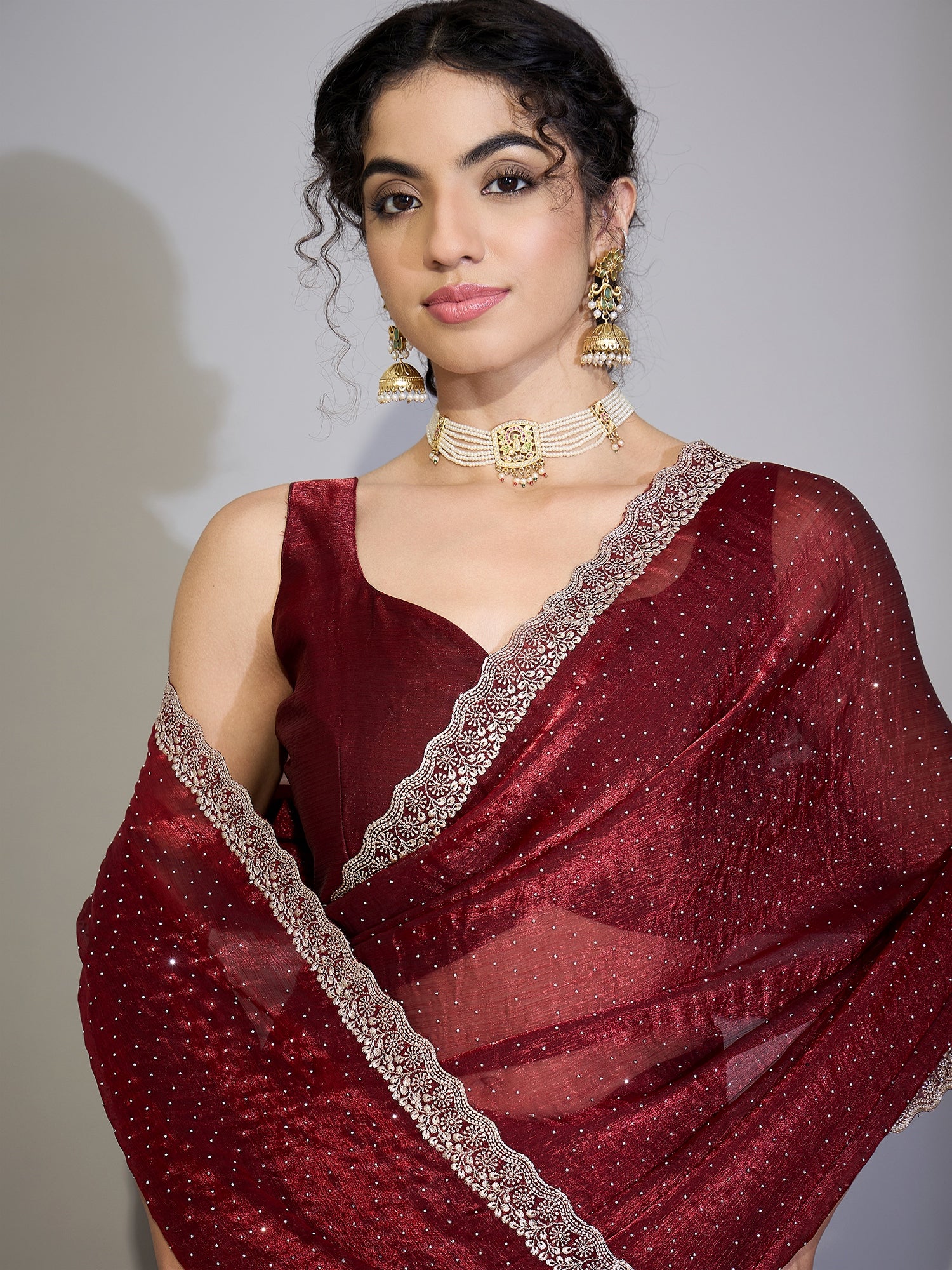 Women's Chiffon Maroon Zari Embroidered Designer Saree With Blouse Piece