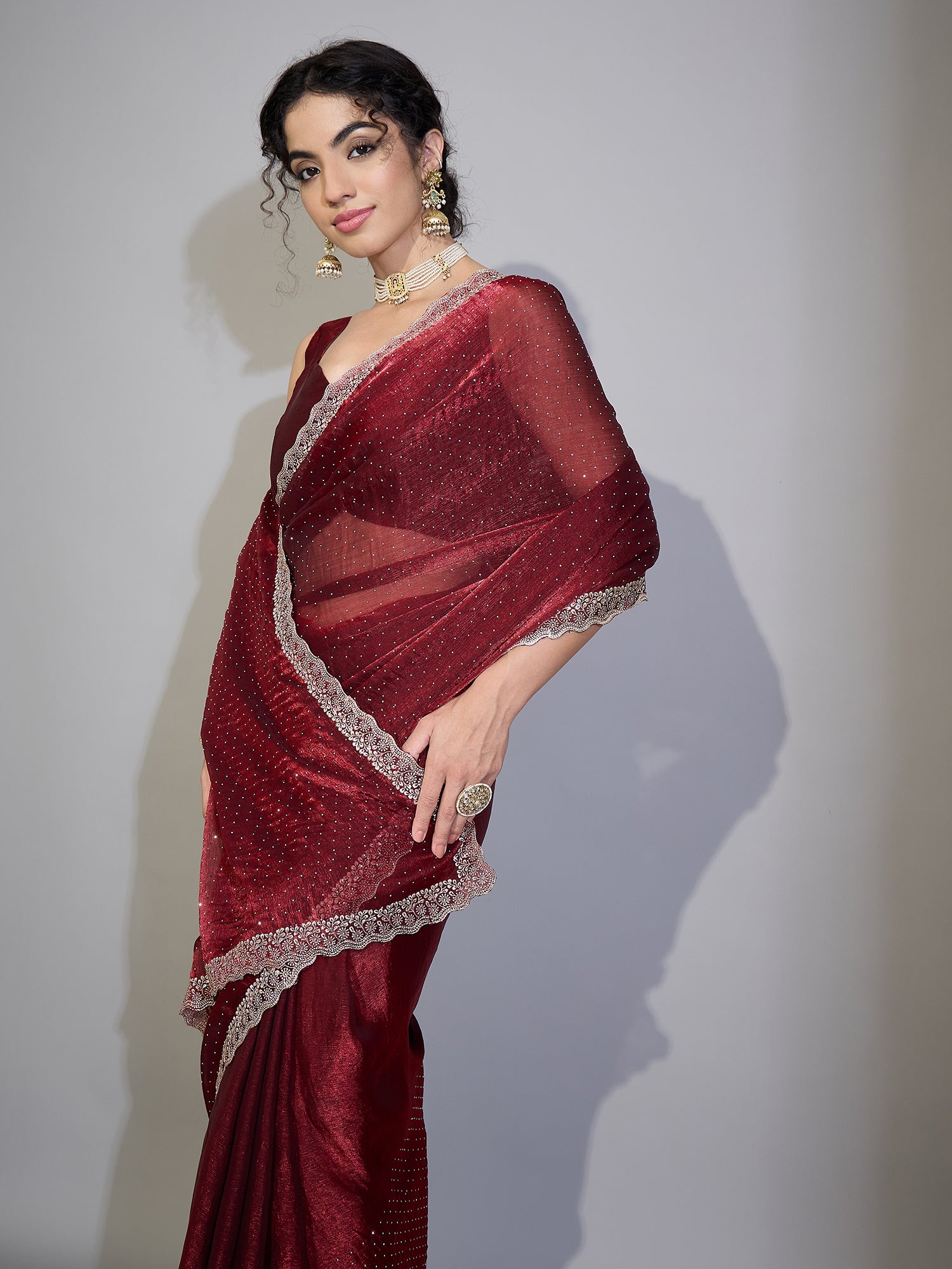 Women's Chiffon Maroon Zari Embroidered Designer Saree With Blouse Piece