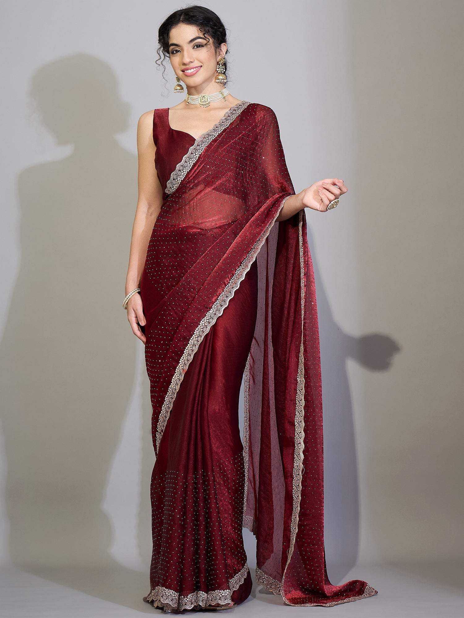 Women's Chiffon Maroon Zari Embroidered Designer Saree With Blouse Piece