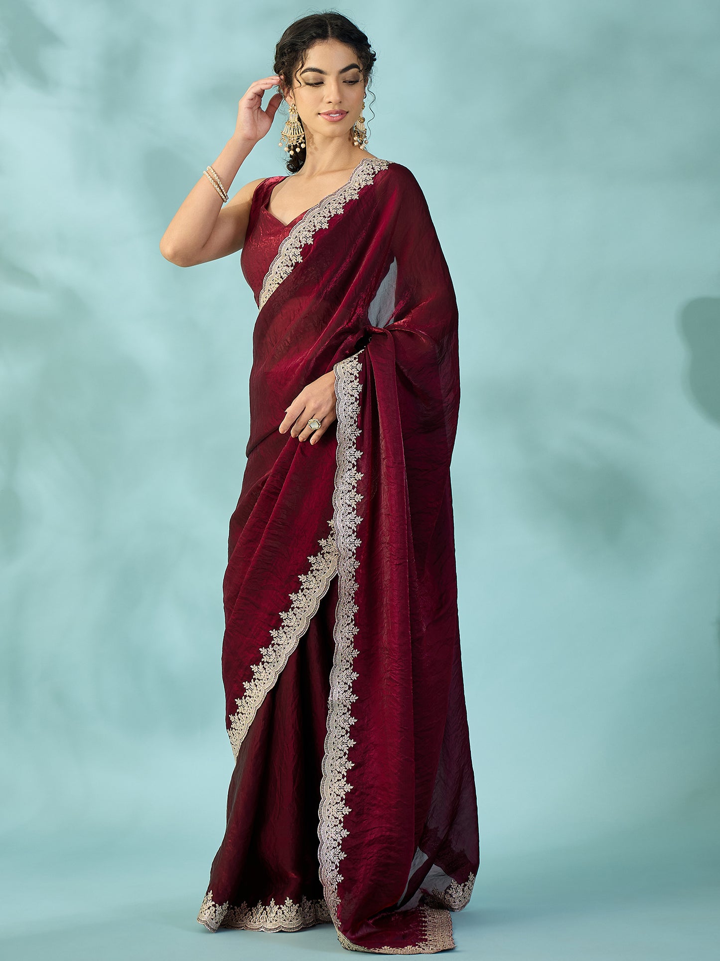 Women's Satin Wine Zari Embroidered Designer Saree With Blouse Piece