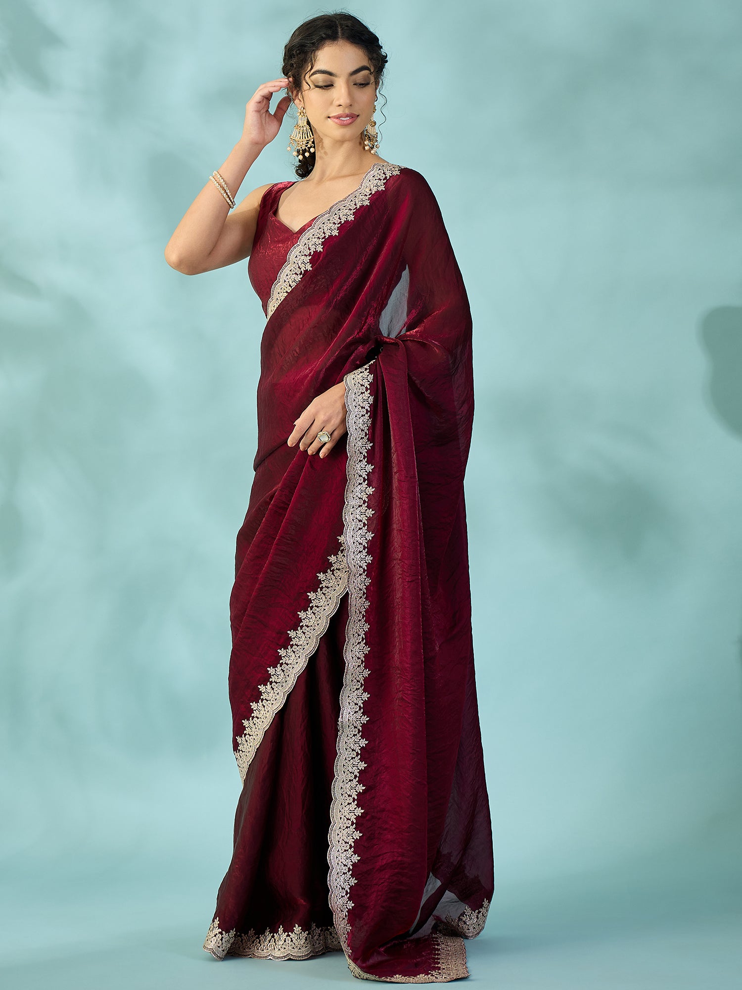 Women's Satin Wine Zari Embroidered Designer Saree With Blouse Piece
